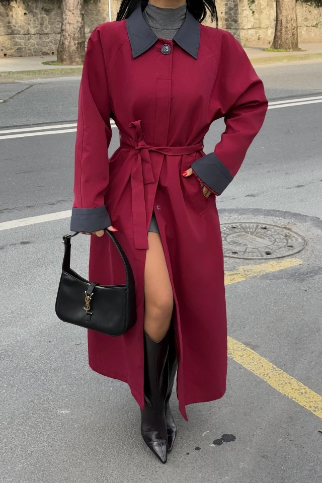 Picture of Burgundy Shirt Collar Long Trench Coat