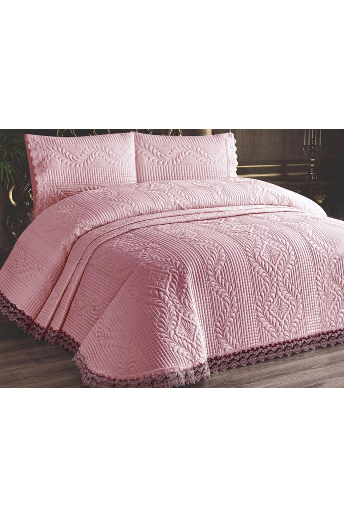 Picture of Limena Dantelli Kapitoneli Ultrasonik Çift Kişilik Yatak Örtüsü Pudra