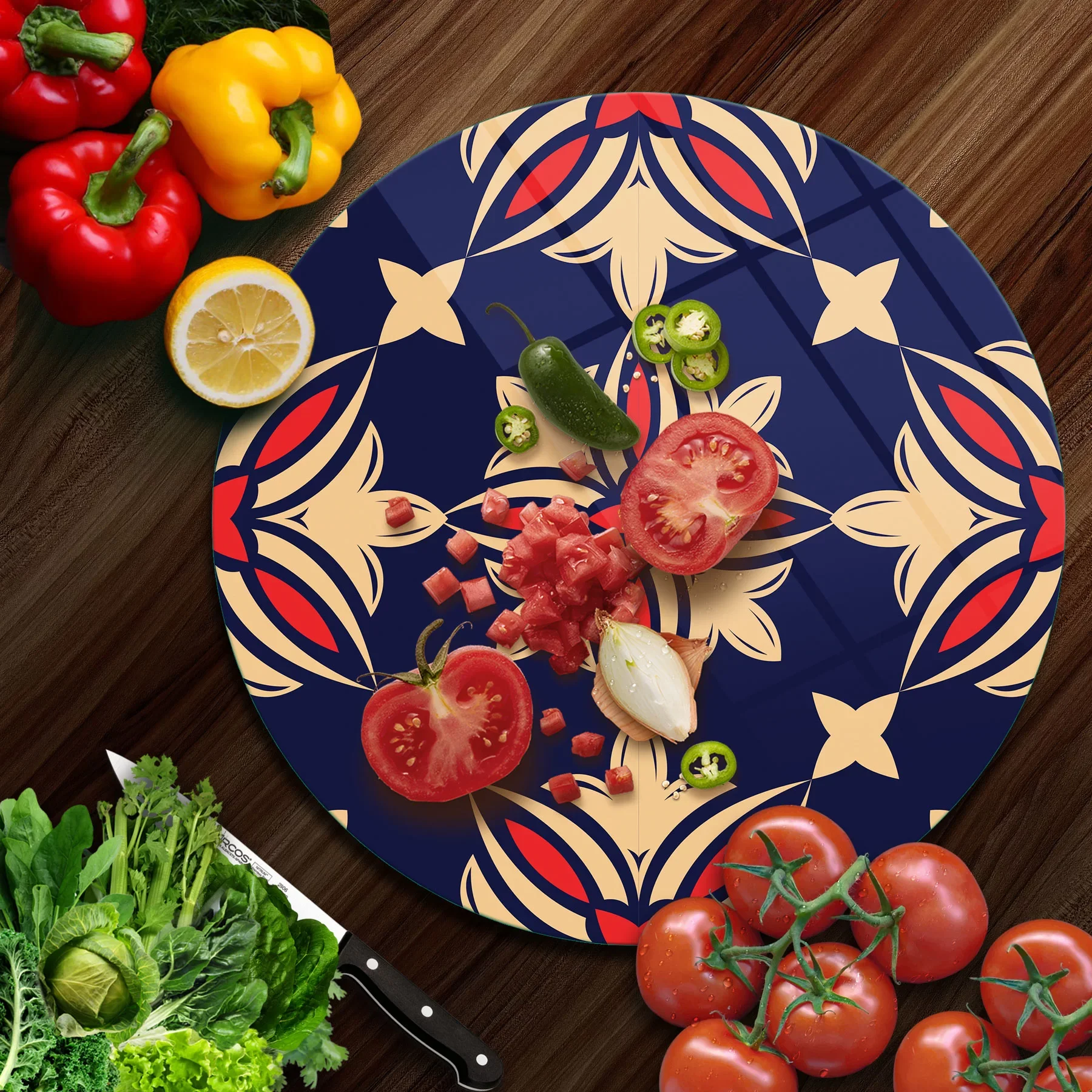 Picture of Decovetro Cam Kesme Tahtası ve Sunumluk Yuvarlak Mavi Çini Desenli 30x30 Cm