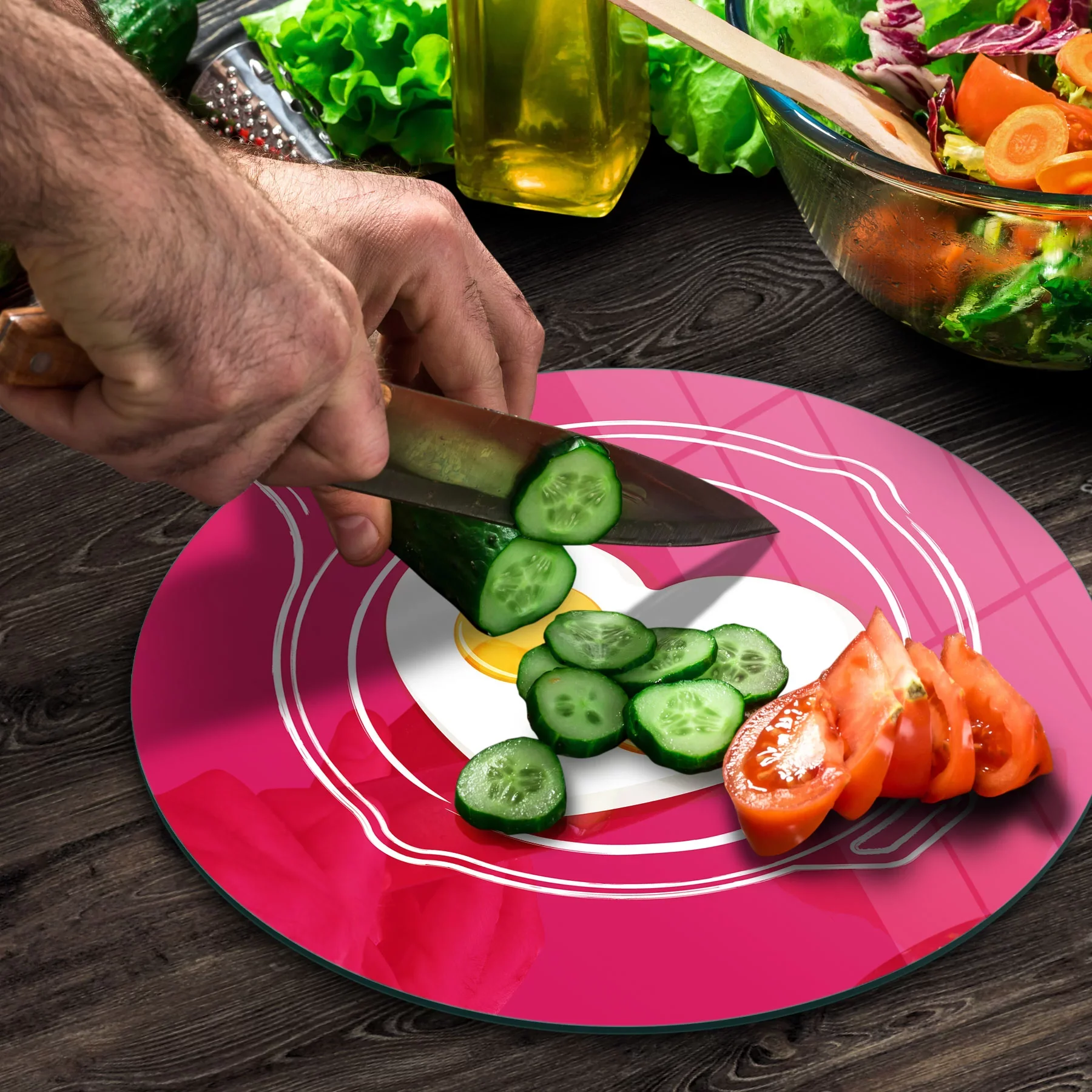 Picture of Decovetro Cam Kesme Tahtası ve Sunumluk Yuvarlak Aşk Yumurtası Desenli 30x30 Cm