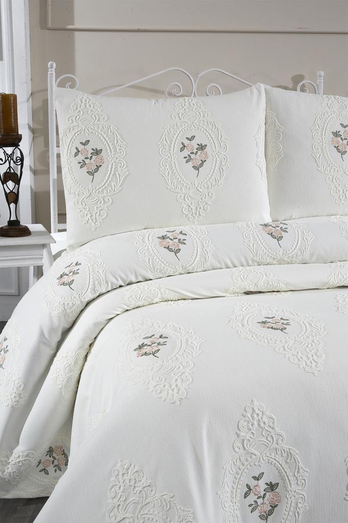 Picture of Gardenlove Nakışlı Şönil 3 Parça Çift Kişilik Yatak Örtüsü Krem