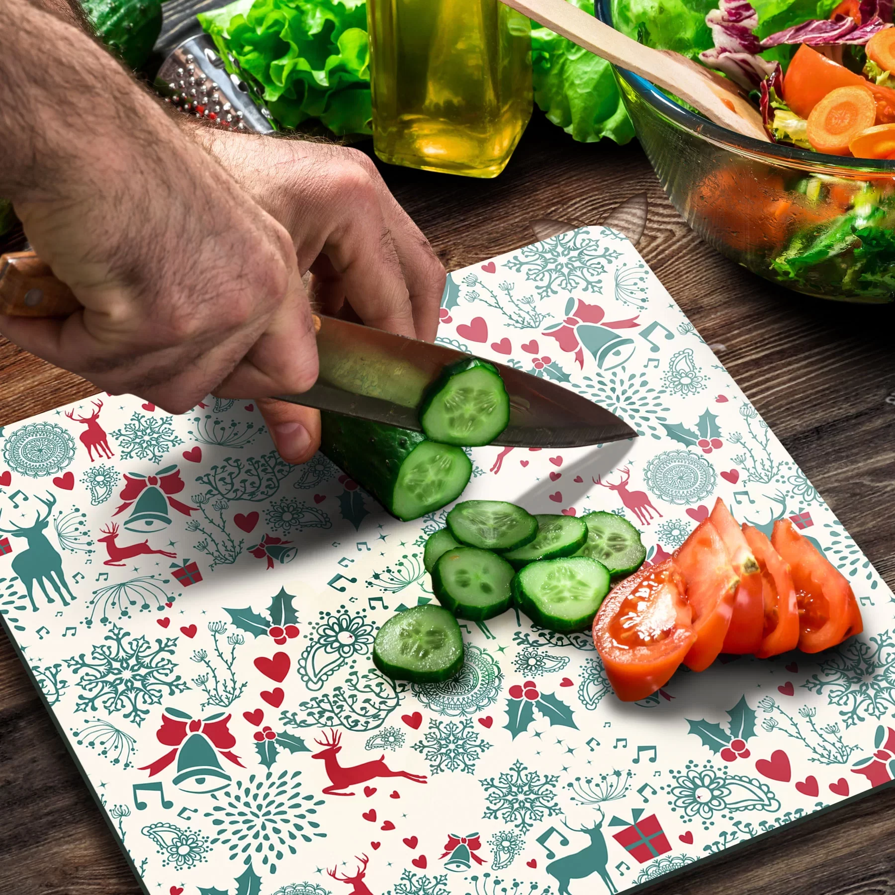 Picture of Decovetro Cam Kesme Tahtası ve Sunumluk Kare Yılbaşı Özel Deseni 30x30 Cm