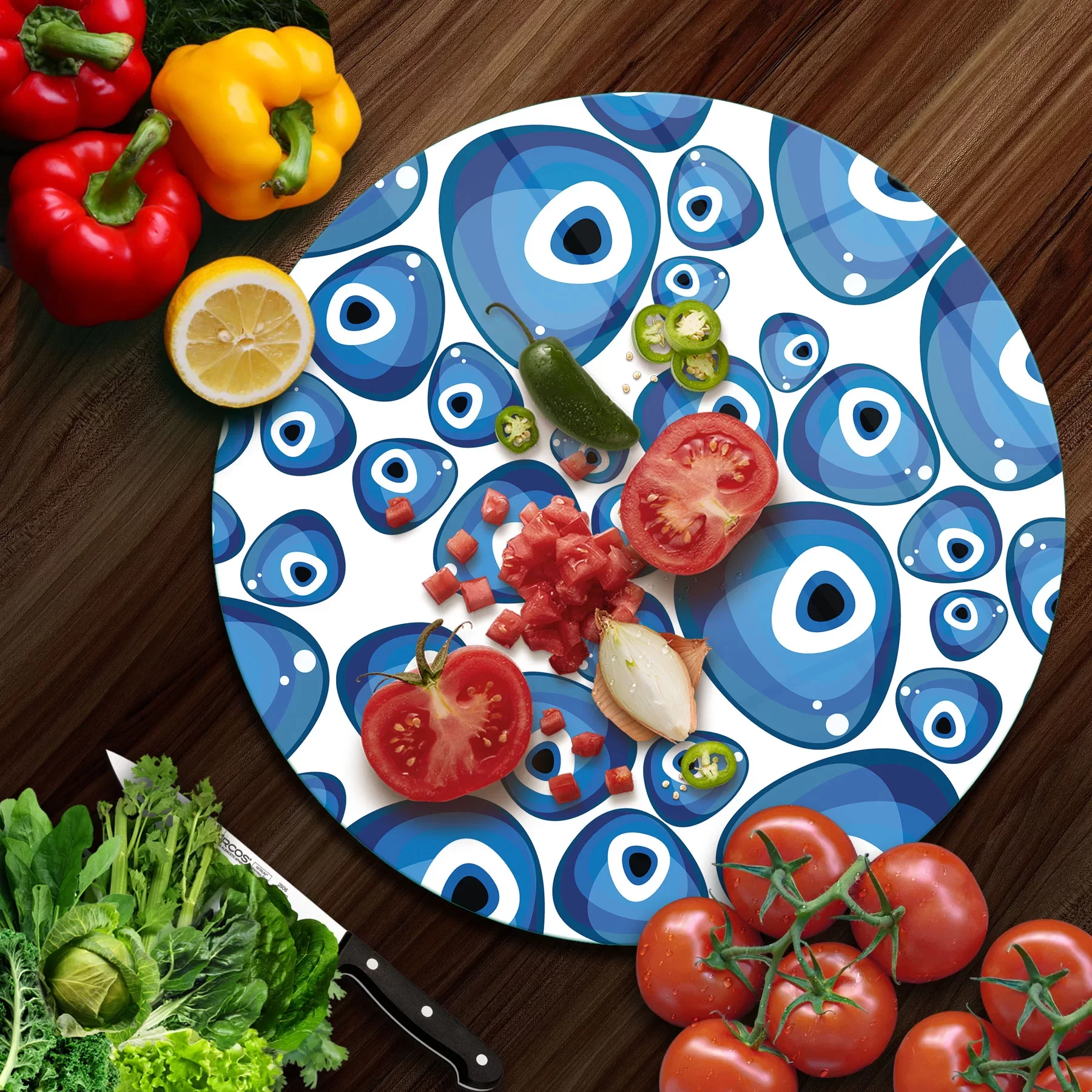 Picture of Decovetro Cam Kesme Tahtası ve Sunumluk Yuvarlak Nazar Boncukları Desenli 30x30 Cm