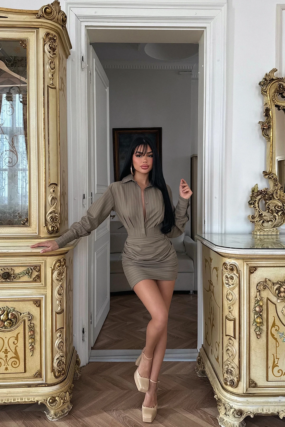 Picture of Cream Striped Shirt Collar Mini Dress