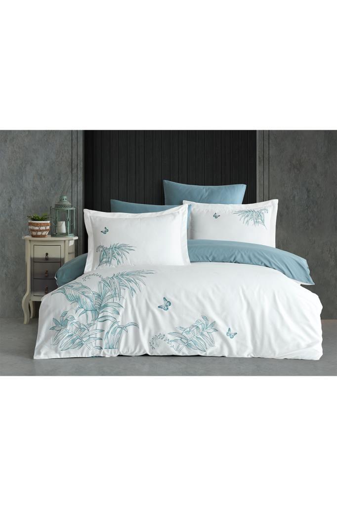 Picture of Tropical Nakışlı %100 Pamuk Saten Çift Kişilik Nevresim Takımı Krem Yeşil