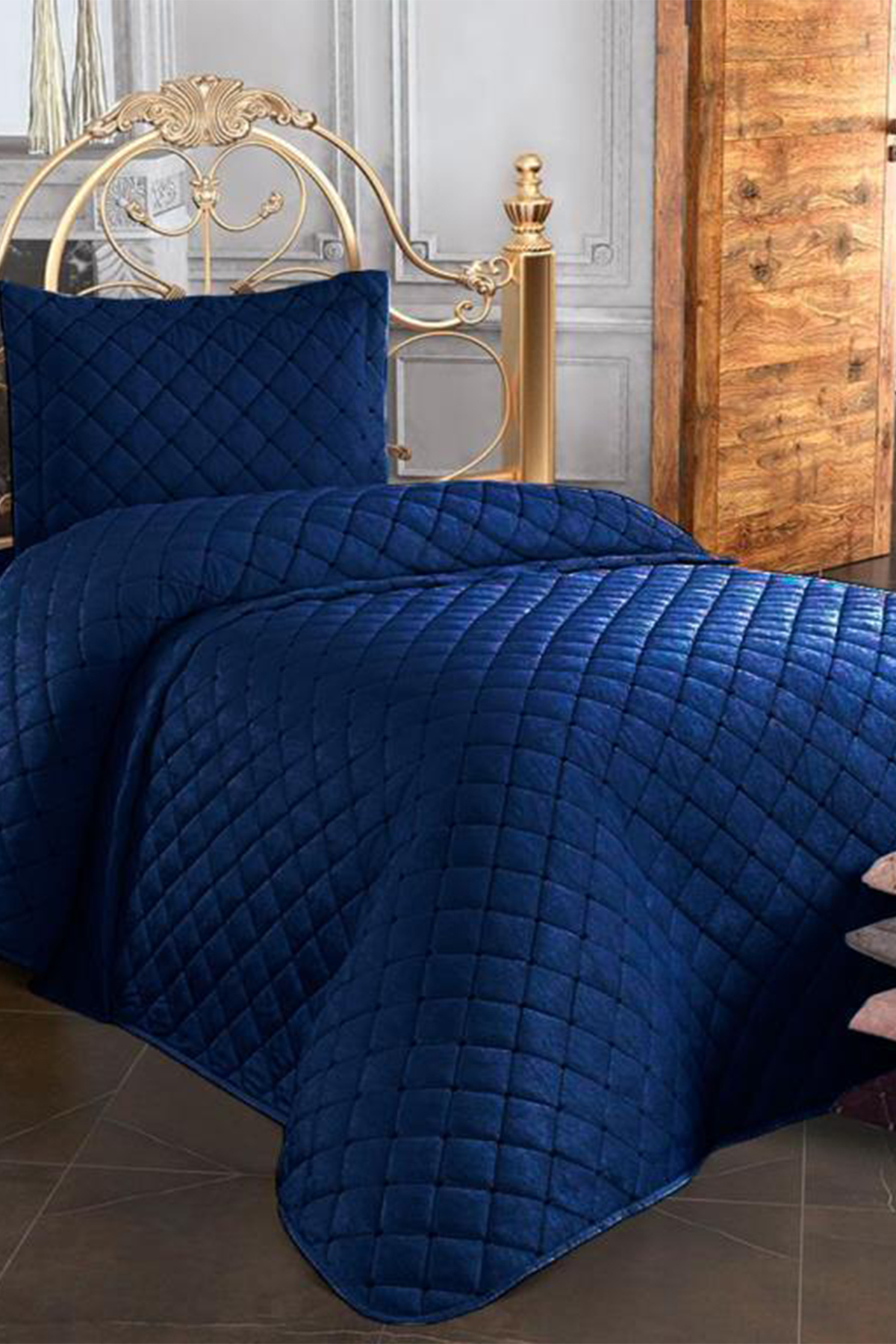 Picture of Dessert Kadife Tek Kişilik Yatak Örtüsü Lacivert