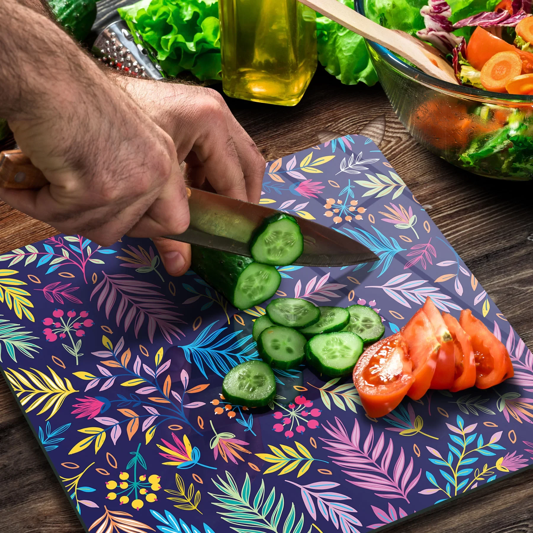 Picture of Decovetro Cam Kesme Tahtası ve Sunumluk Kare Renkli Yaprak Desenli 30x30 Cm