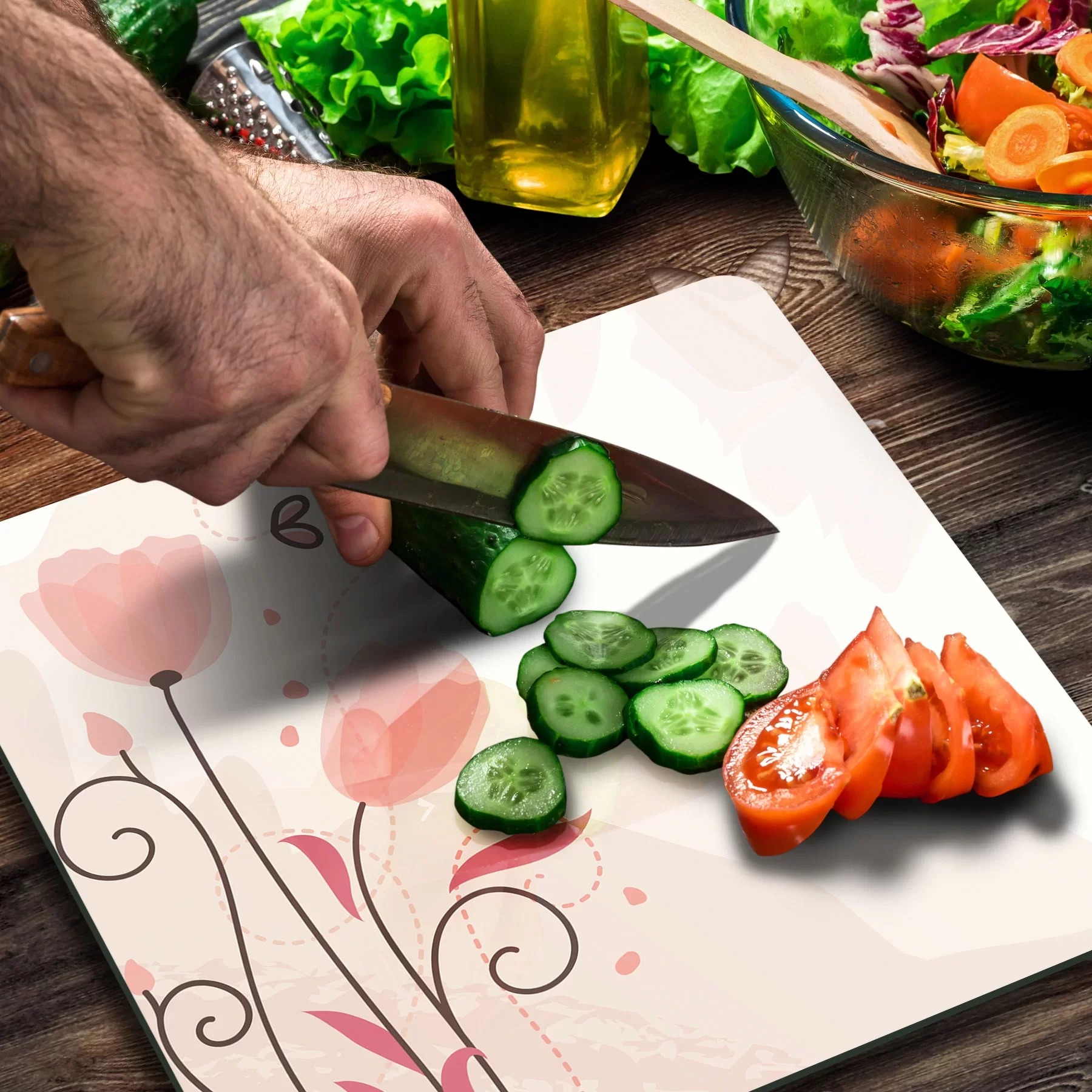 Picture of Decovetro Cam Kesme Tahtası ve Sunumluk Kare Köşe Lale Desenli 30x30 Cm