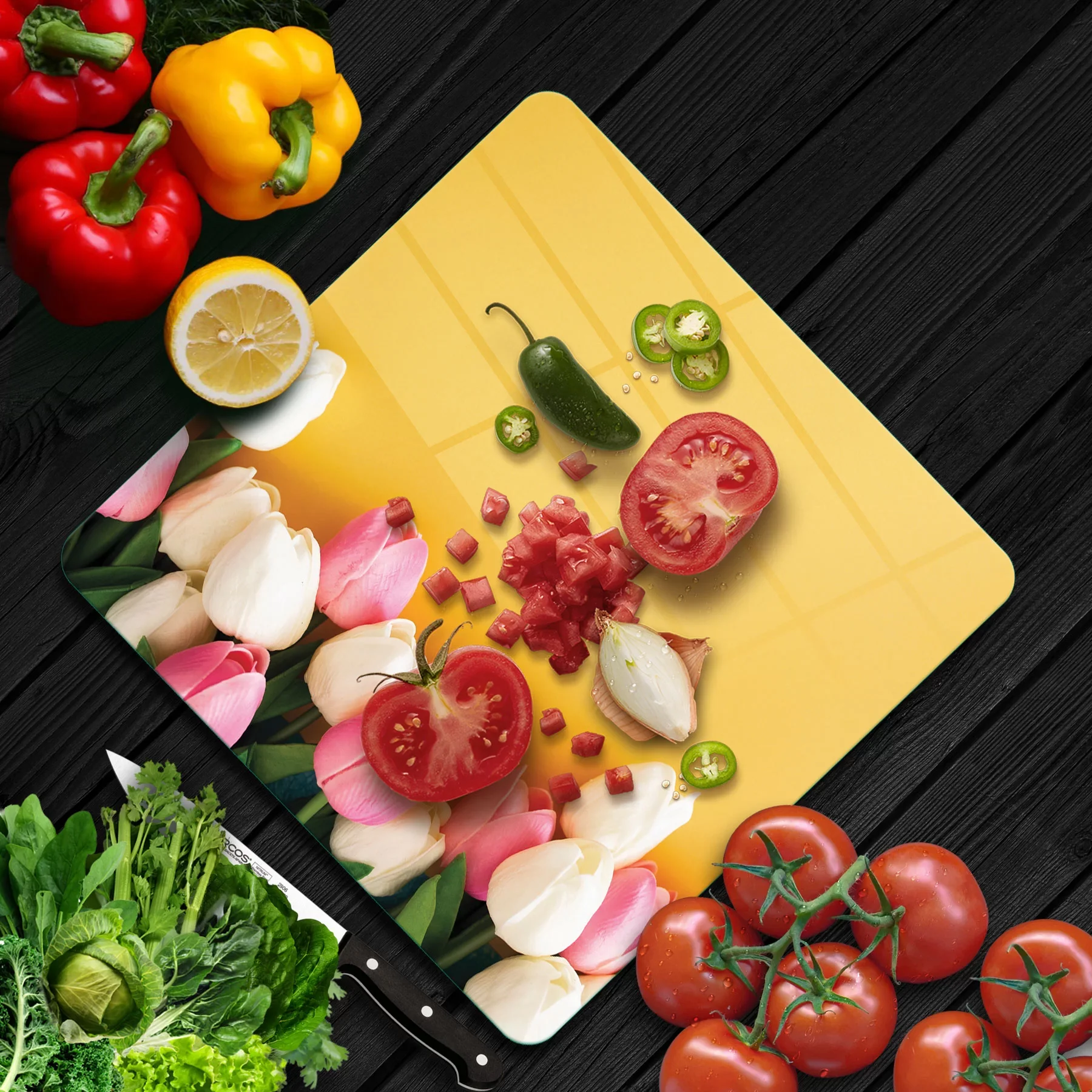 Picture of Decovetro Cam Kesme Tahtası ve Sunumluk Kare Lale Çiçekleri Kenar 30x30 Cm