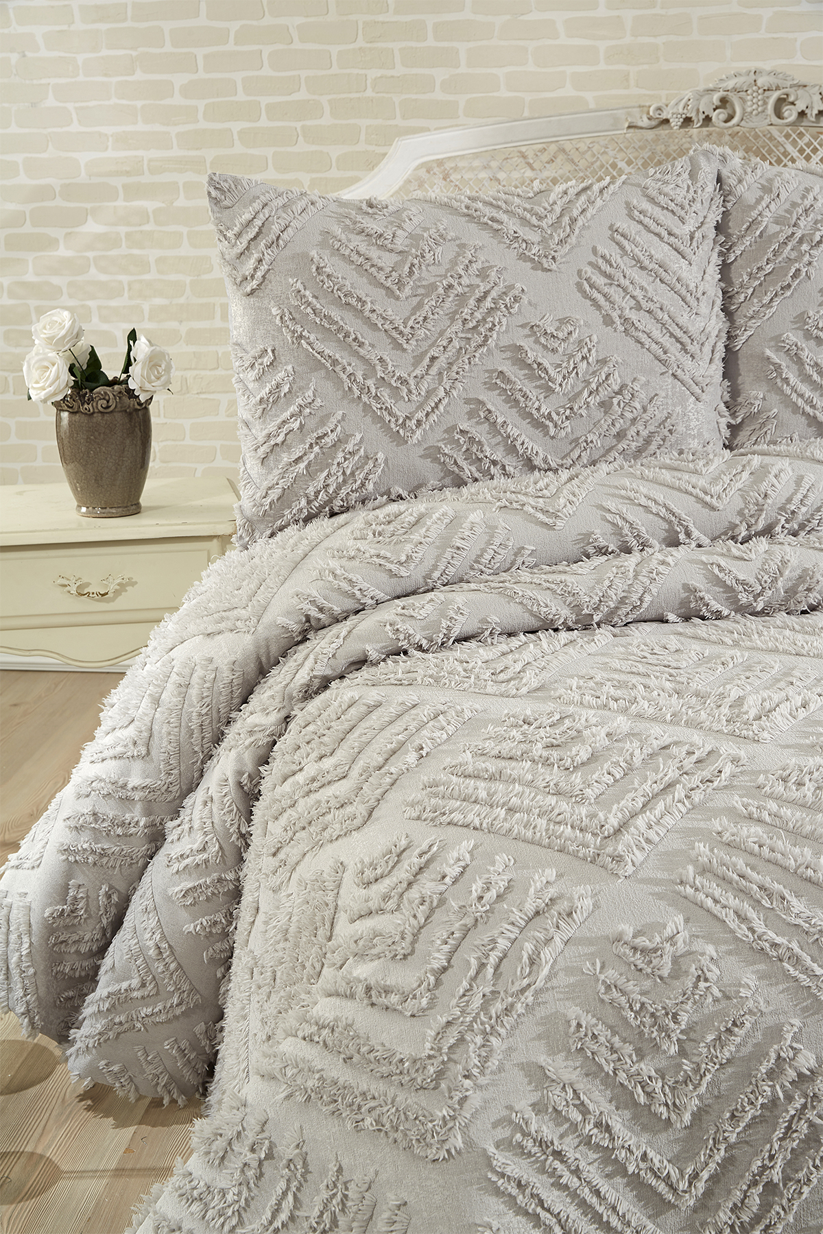 Picture of Çeyiz Diyarı Pine 3 Parça Çift Kişilik Pike Takımı Gri