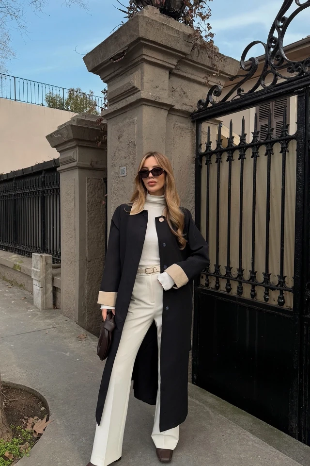 Picture of Black Shirt Collar Long Trench Coat