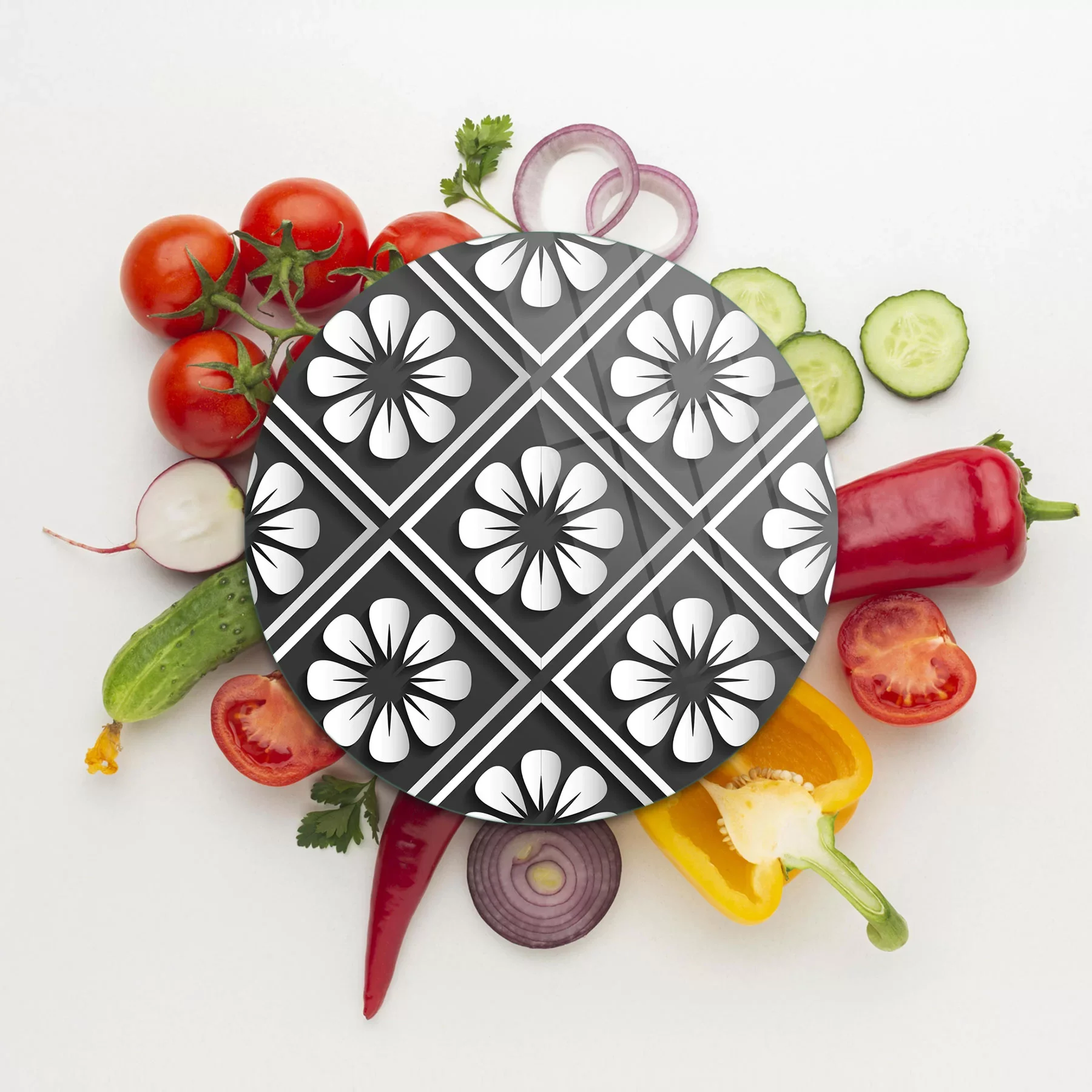 Picture of Decovetro Cam Kesme Tahtası ve Sunumluk Yuvarlak Çini Çiçek Desenli 30x30 Cm