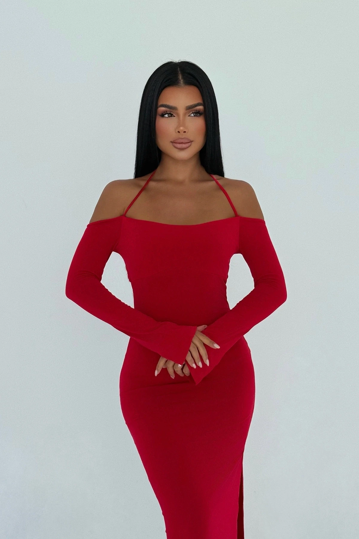Picture of Red Long Sleeve Tied Dress