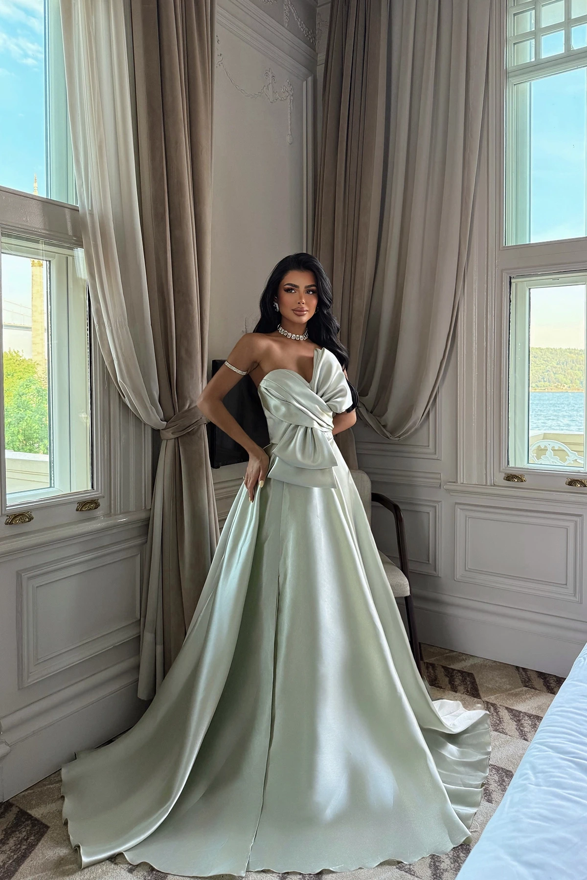 Picture of Aqua Green Strapless Long Evening Dress
