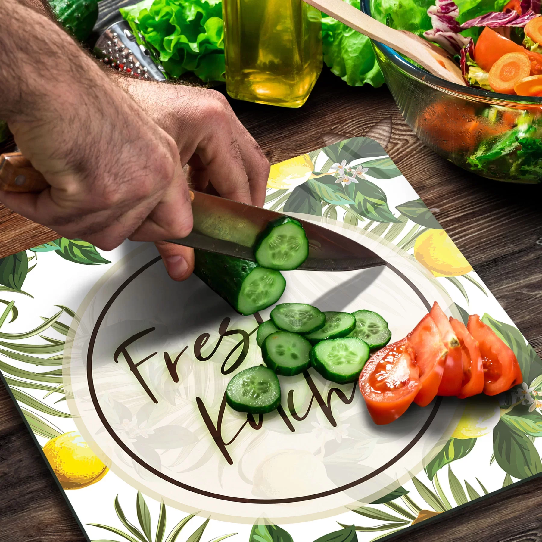 Picture of Decovetro Cam Kesme Tahtası ve Sunumluk Kare Fresh Kitchen Desenli 30x30 Cm