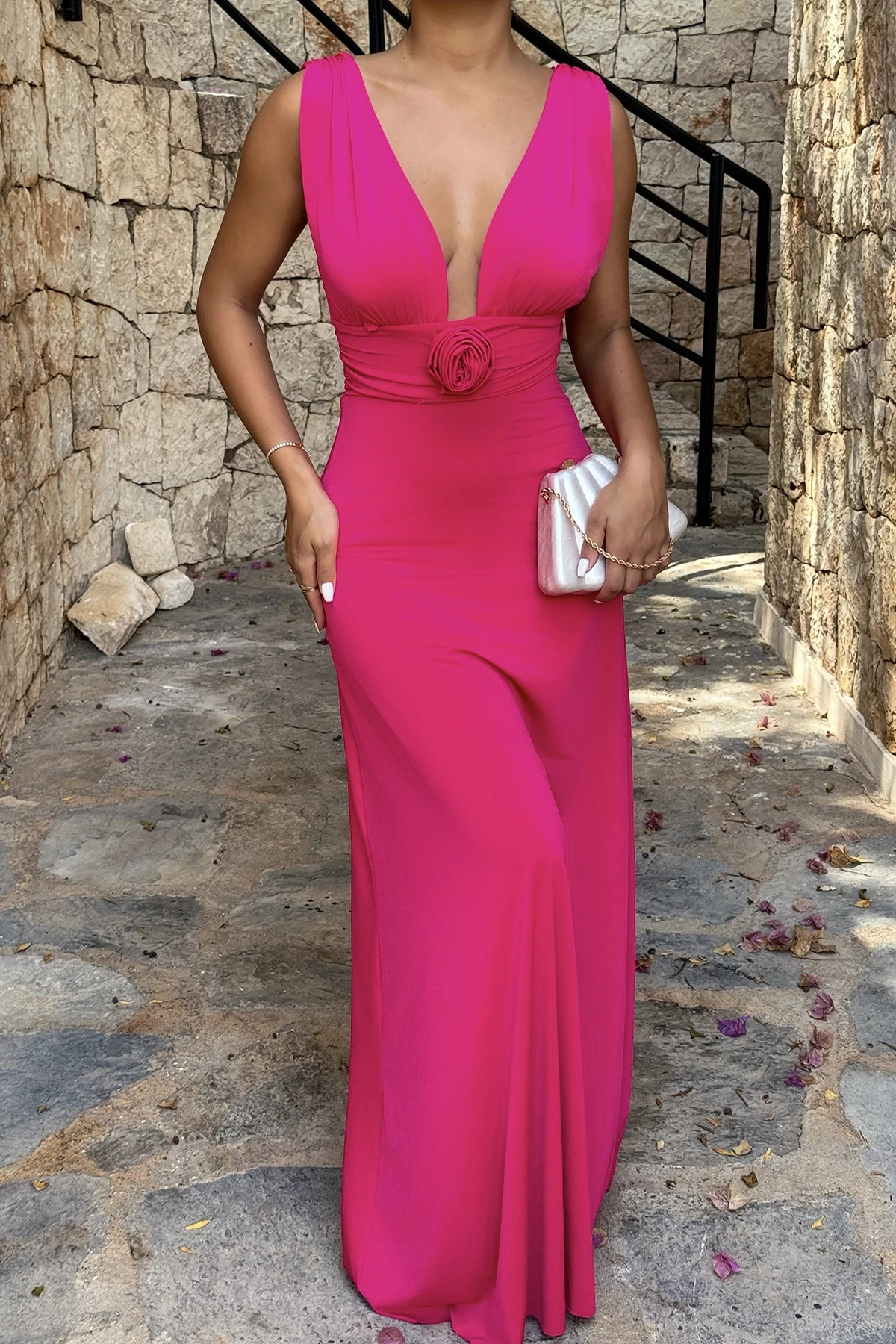 Picture of Fuchsia Isolated Rose Detailed Dress