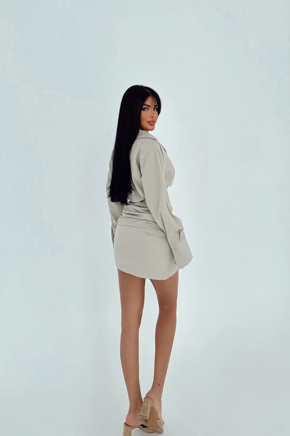 Picture of Cream Shirt Collar Mini Dress