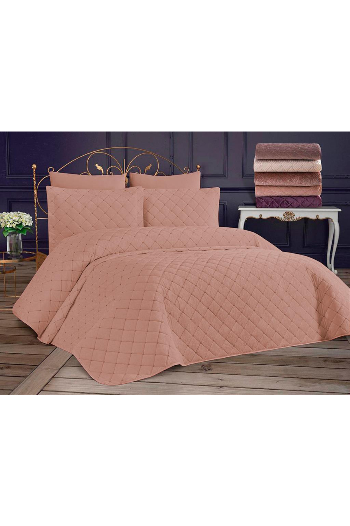 Picture of Dessert Kadife Çift Kişilik Yatak Örtüsü Pudra