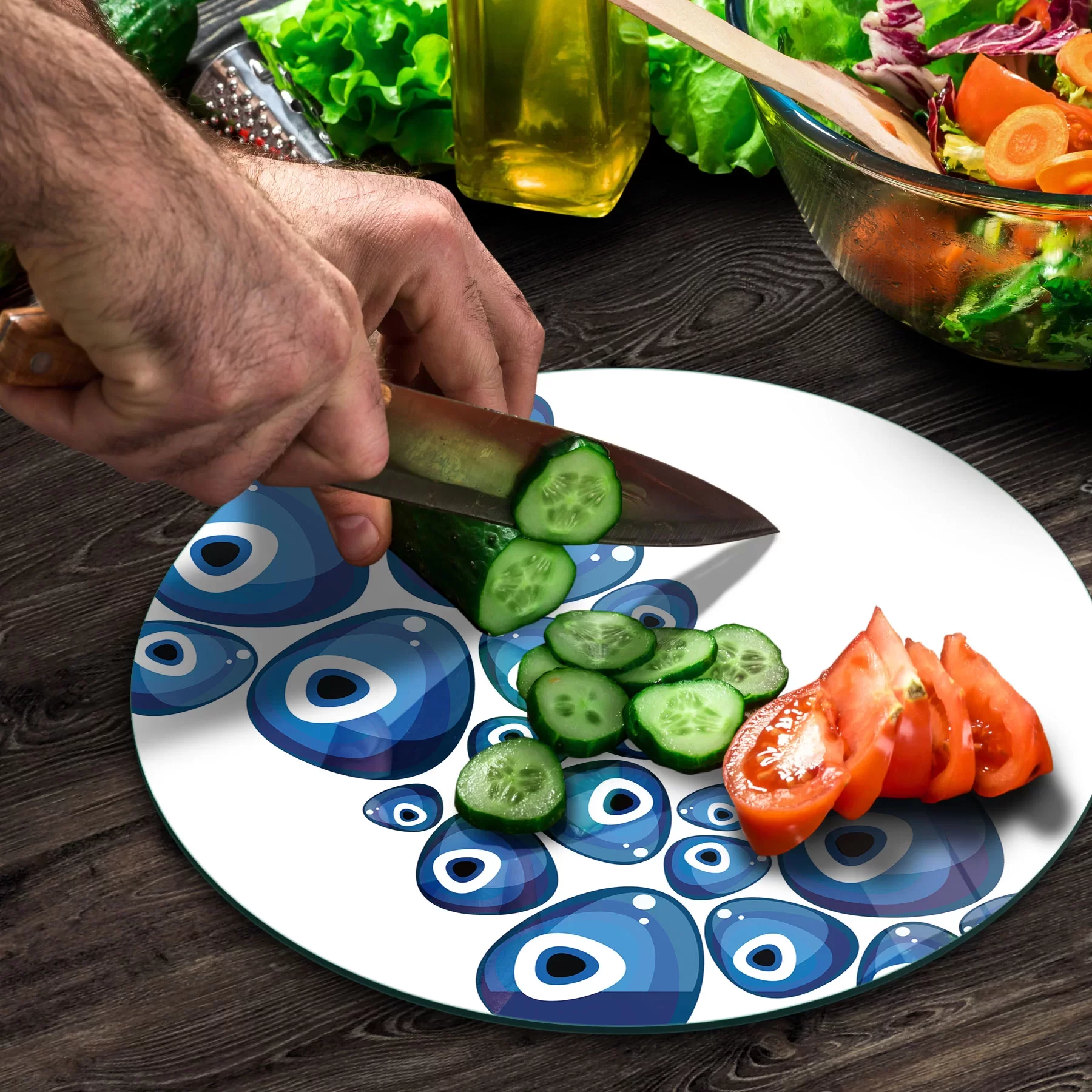 Picture of Decovetro Cam Kesme Tahtası ve Sunumluk Yuvarlak Nazar Boncuğu Desenli 30x30 Cm