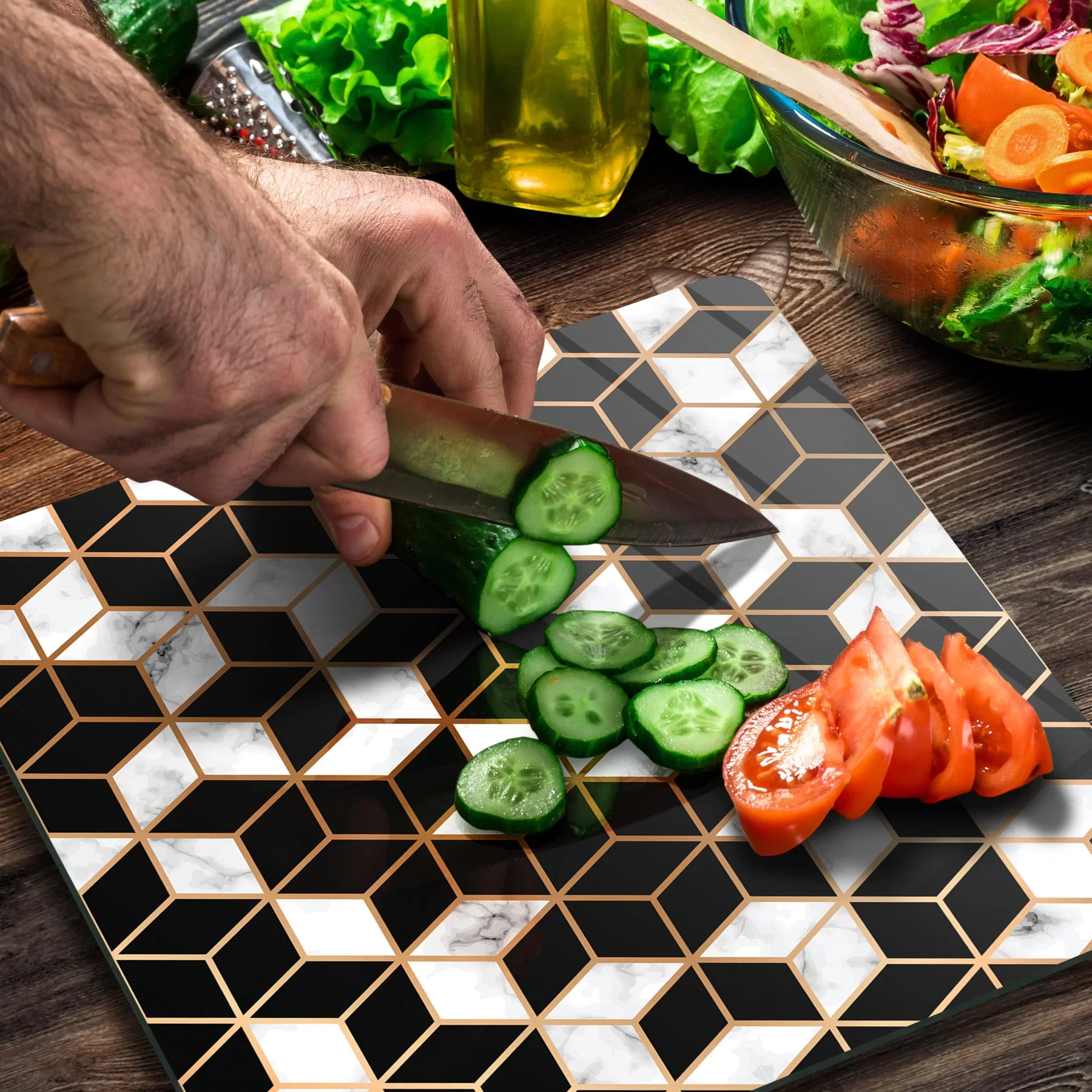 Picture of Decovetro Cam Kesme Tahtası ve Sunumluk Kare Geometrik Desenli 30x30 Cm