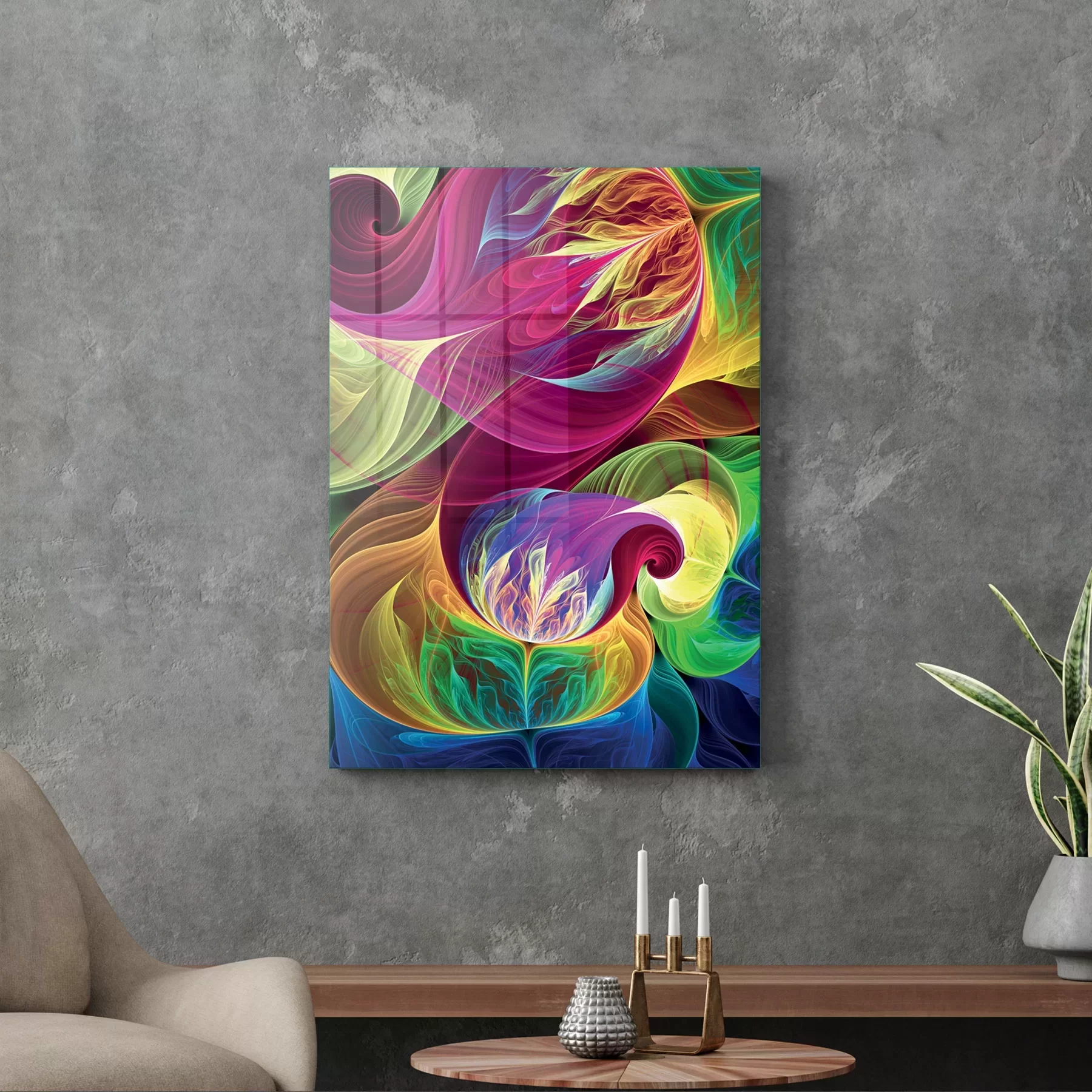 Picture of Decovetro Cam Tablo Dalgalı Karışık Çiçek Desen 50x70 cm