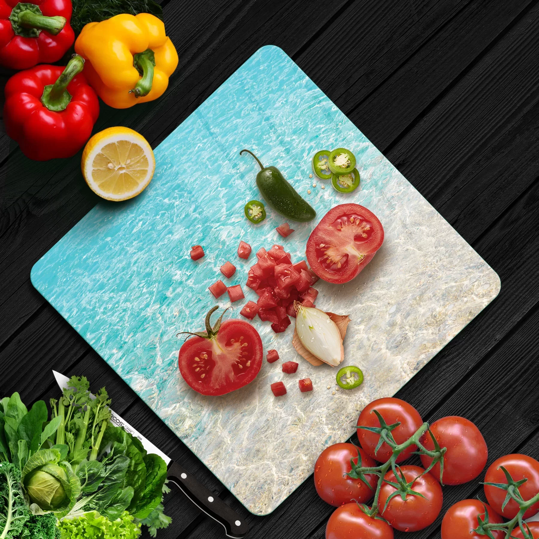 Picture of Decovetro Cam Kesme Tahtası ve Sunumluk Kare Deniz Kum Sahil Desenli 30x30 Cm