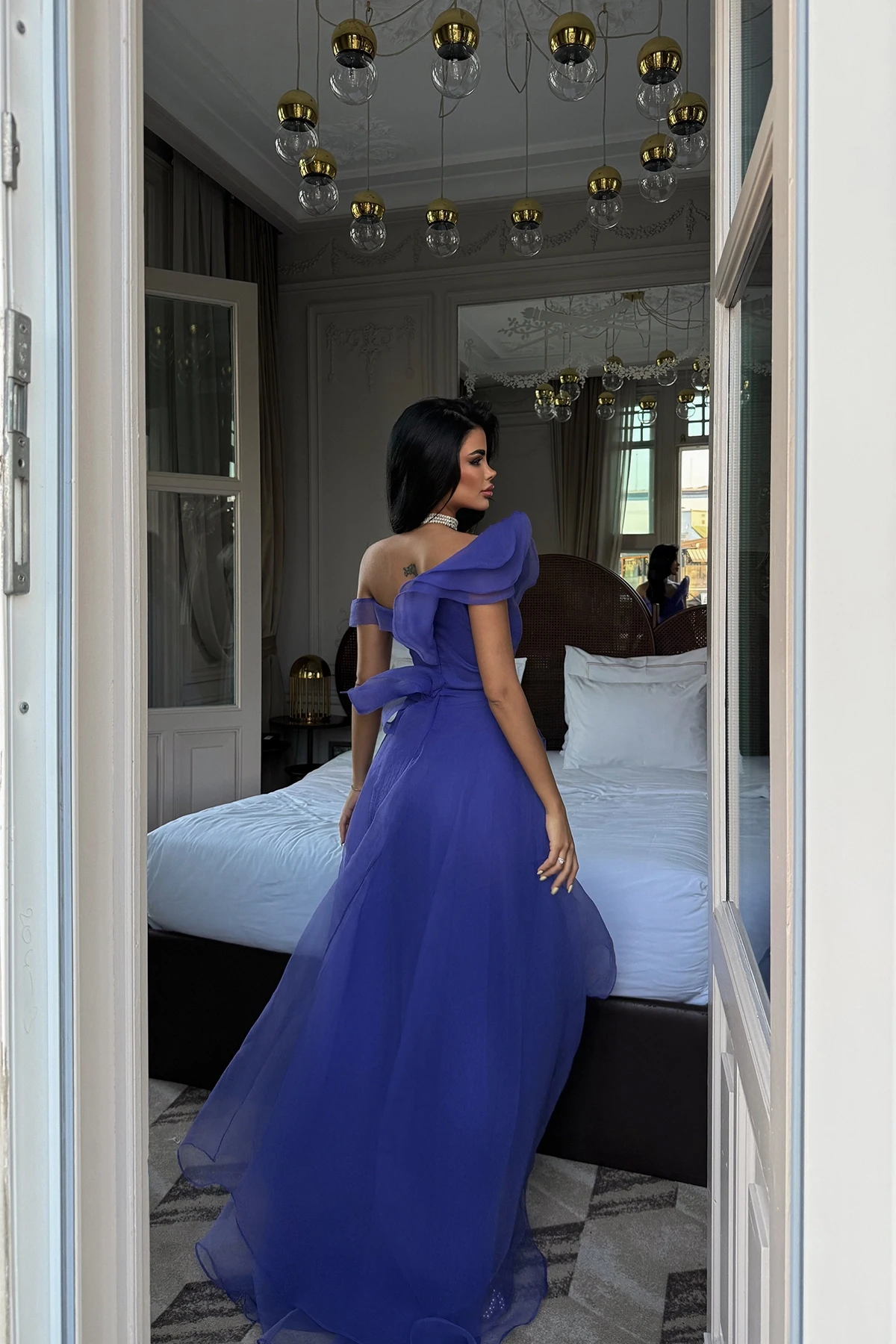 Picture of Purple Tulle Detail Long Evening Dress