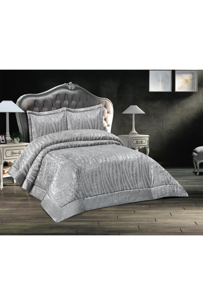 Picture of Arbel Jakarlı Kadife Çift Kişilik Yatak Örtüsü Gri
