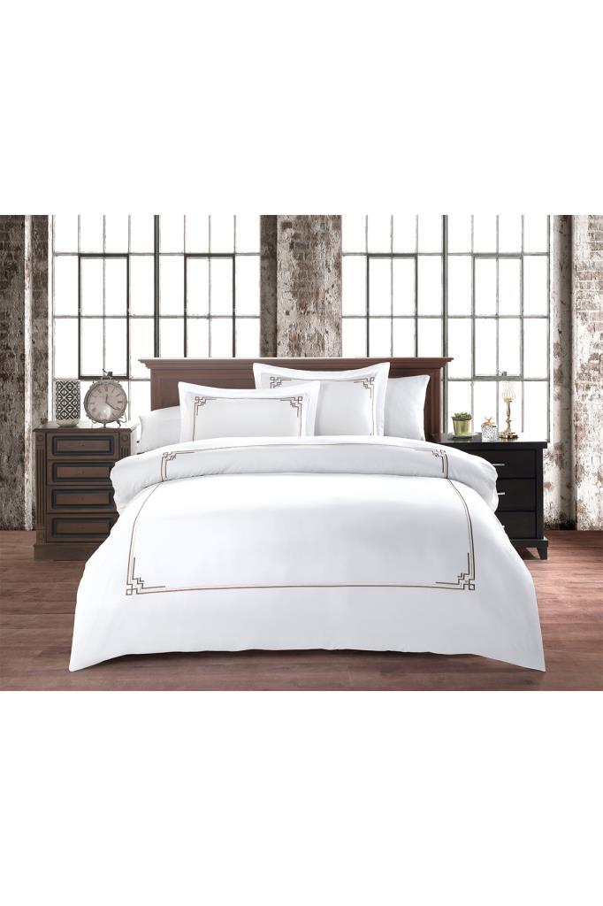 Picture of Line Pano Nakışlı %100 Pamuk Saten Çift Kişilik Nevresim Takımı Kahverengi