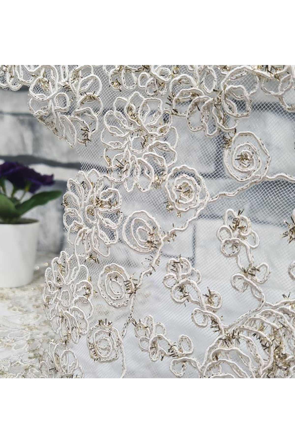 Picture of Çiçek Kordonlu 5 Parça Salon Takımı Krem - Gold