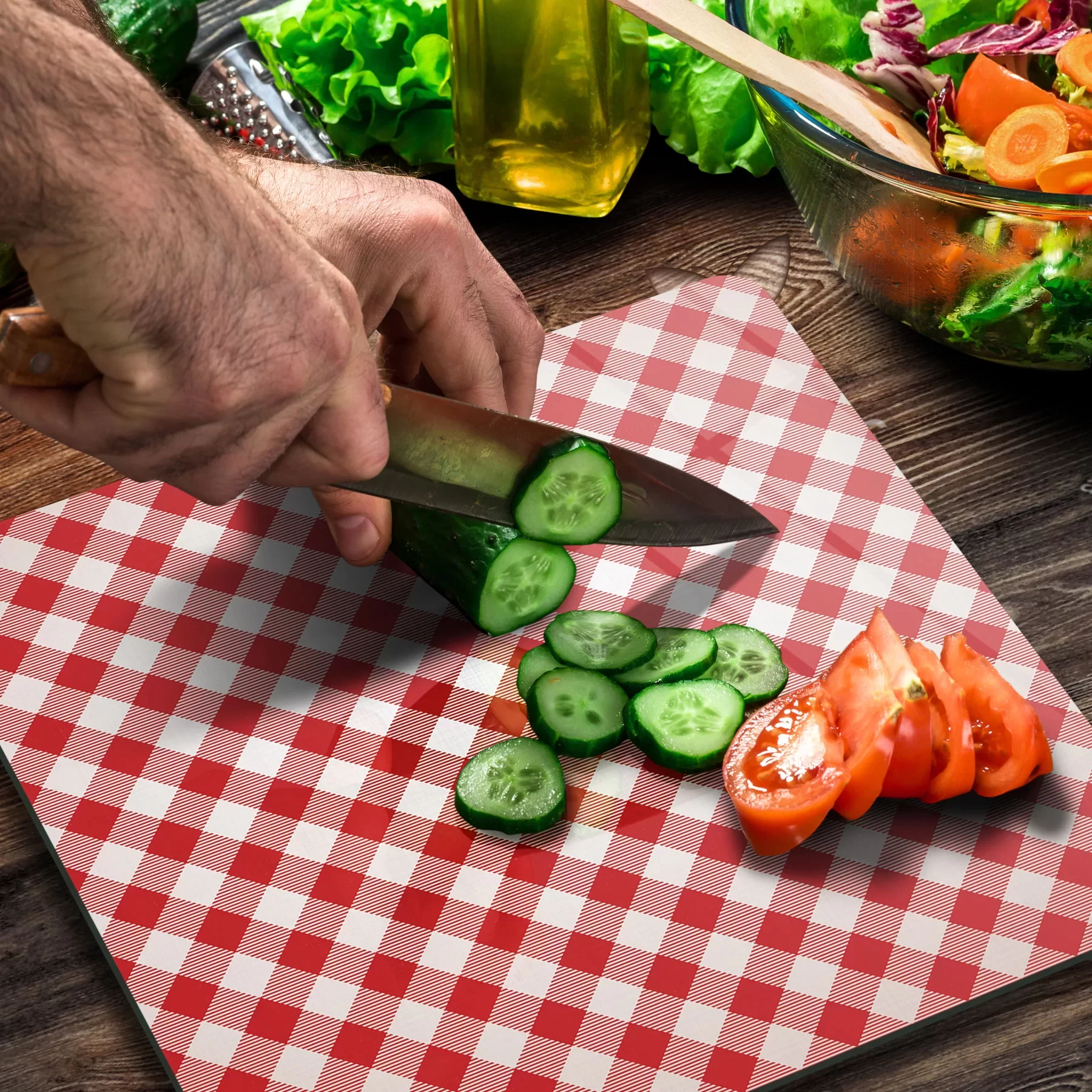 Picture of Decovetro Cam Kesme Tahtası ve Sunumluk Kare Kırmızı Beyaz Desenli 30x30 Cm