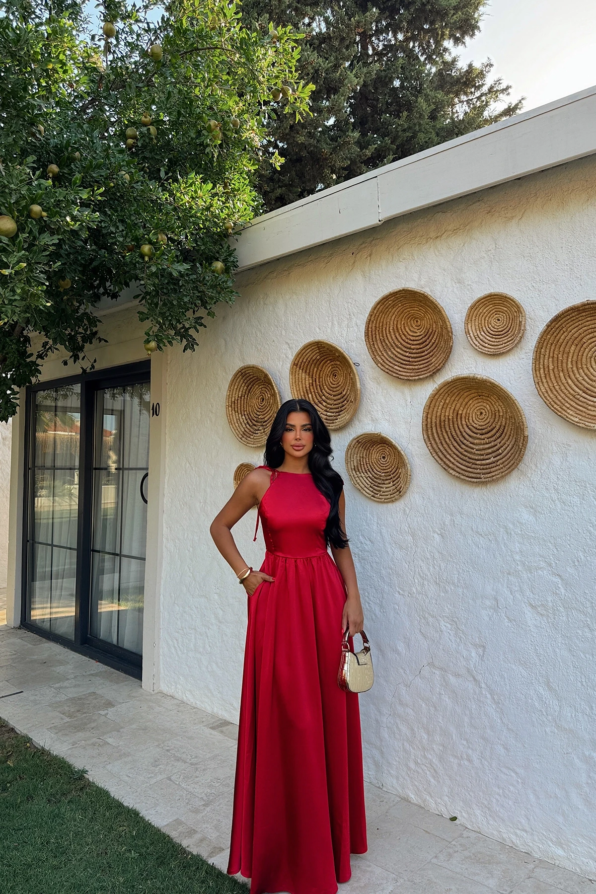 Picture of Red Satin Back Detail Long Dress