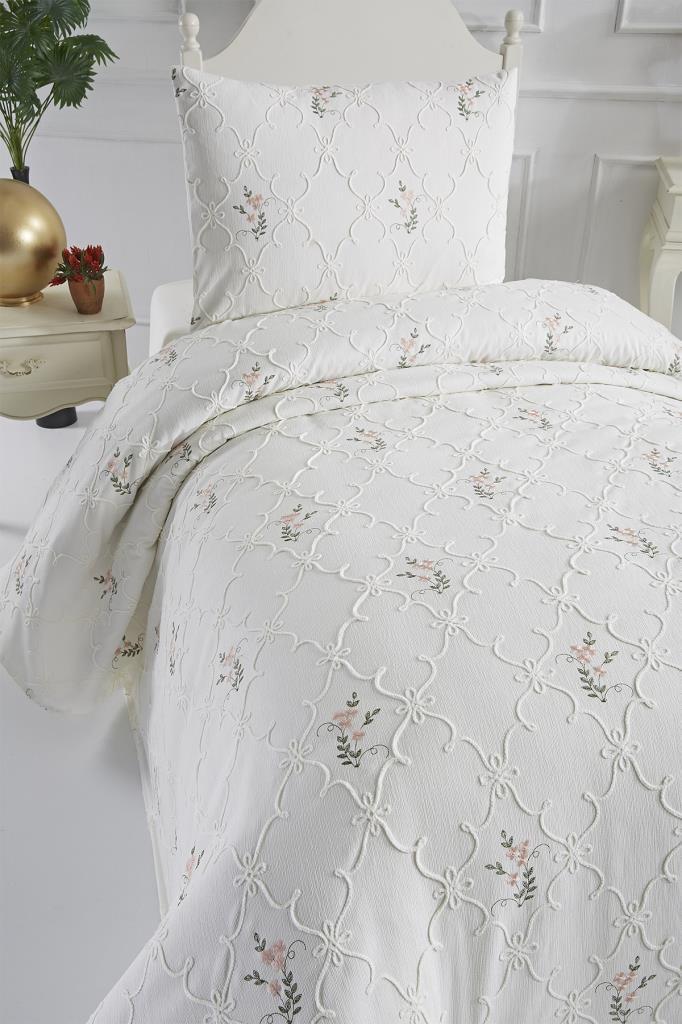 Picture of Pinkrose Nakışlı Şönil 2 Parça Tek Kişilik Yatak Örtüsü Krem