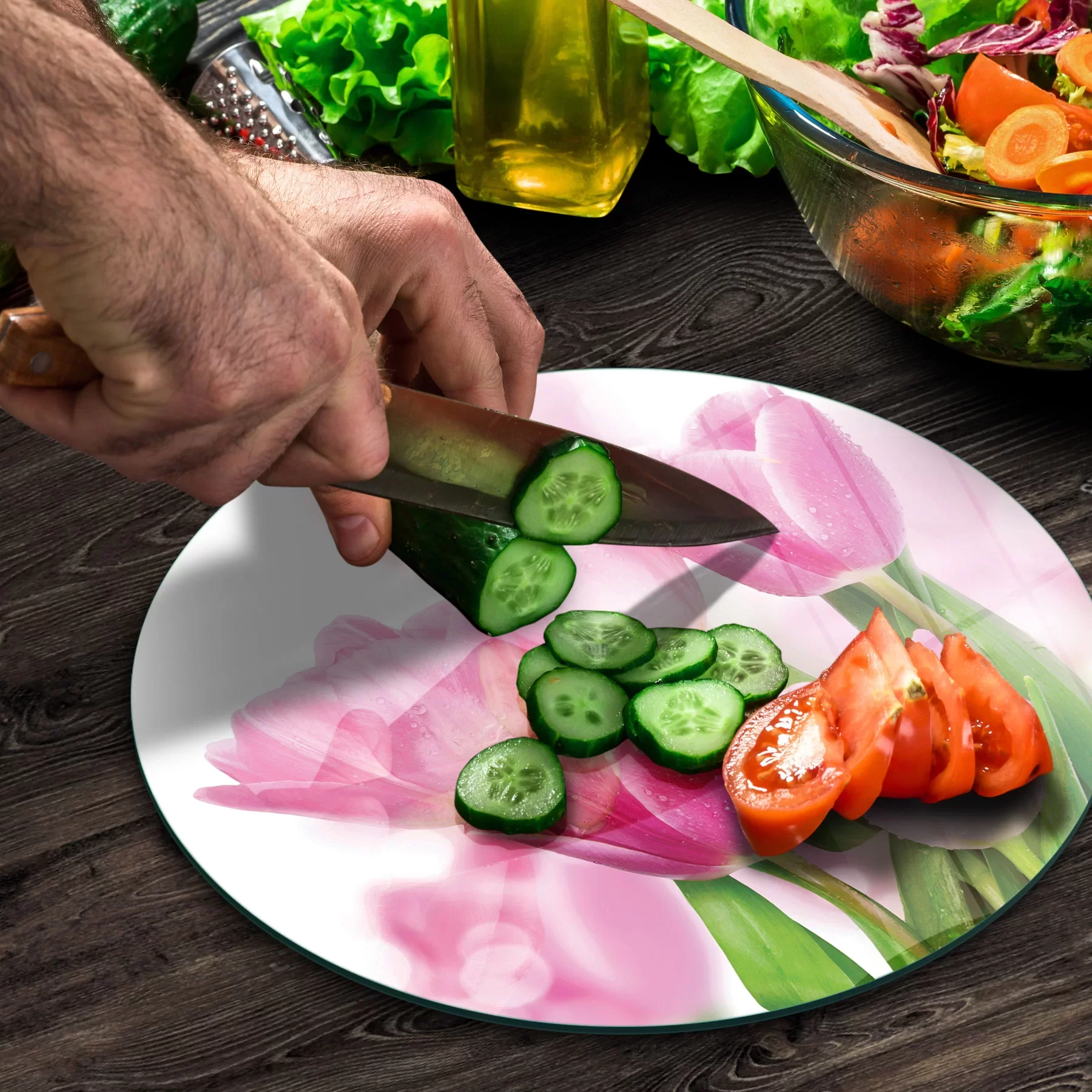 Picture of Decovetro Cam Kesme Tahtası ve Sunumluk Yuvarlak Lale Desenli 30x30 Cm