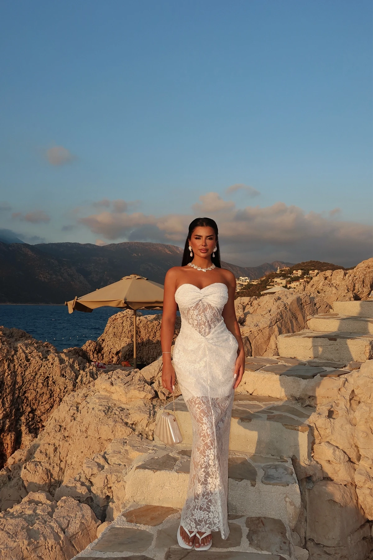 Picture of White Window Detail Strapless Dress