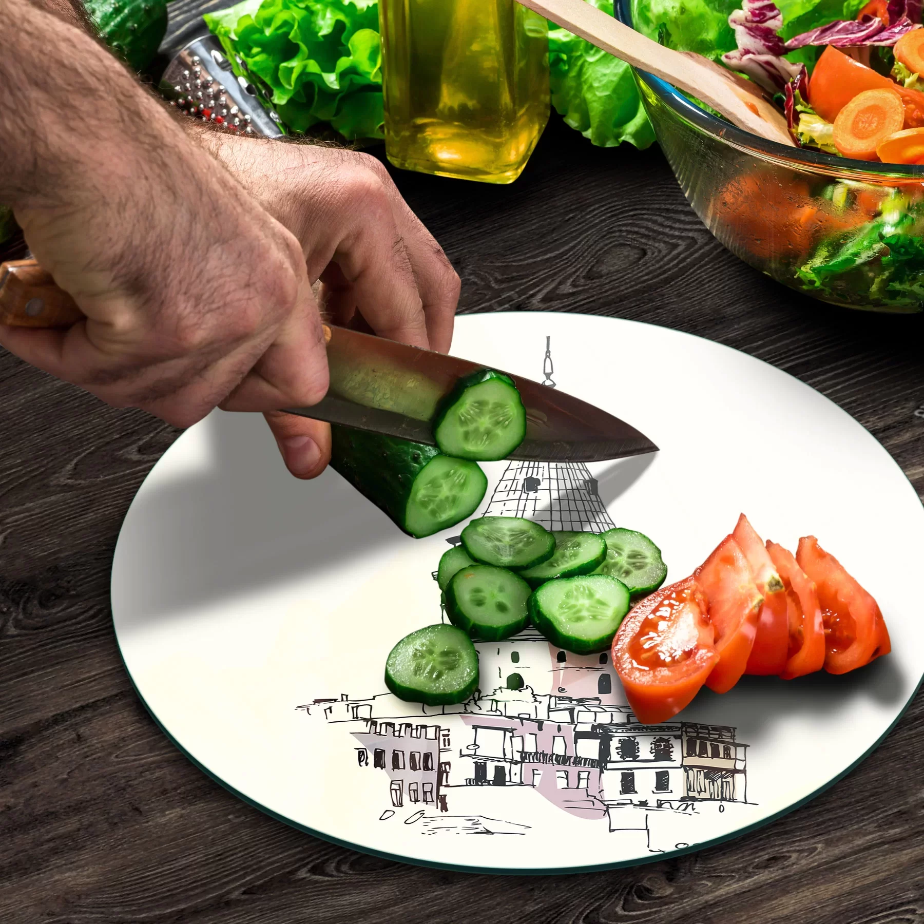 Picture of Decovetro Cam Kesme Tahtası ve Sunumluk Yuvarlak Galata Kulesi Desenli 30x30 Cm