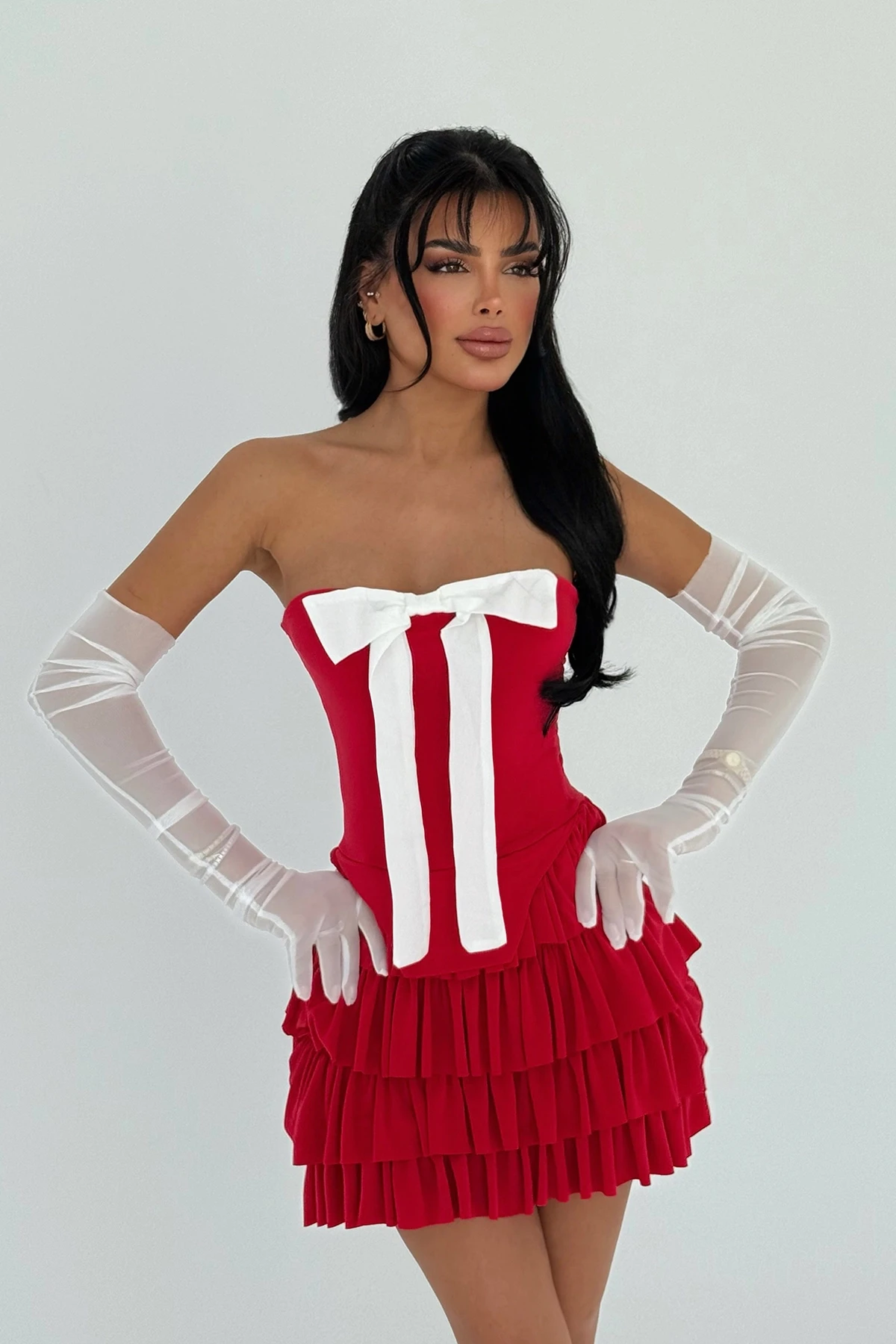 Picture of Red Ramblas Mini Ruffle Dress with Glove Detail