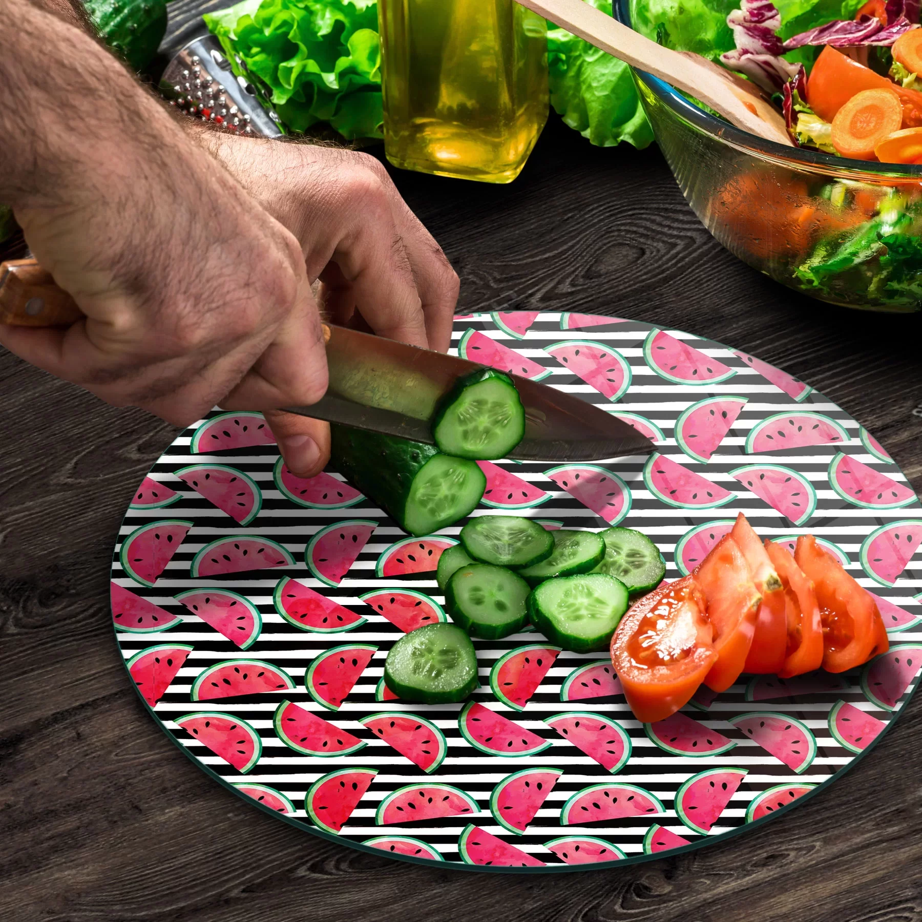 Picture of Decovetro Cam Kesme Tahtası ve Sunumluk Yuvarlak Karpuz Desenli 30x30 Cm