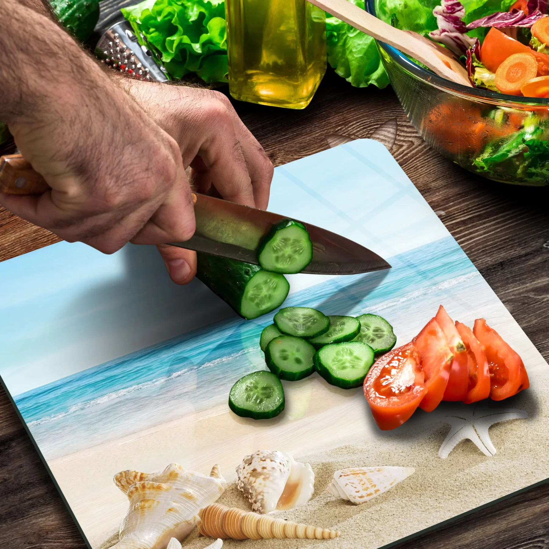 Picture of Decovetro Cam Kesme Tahtası ve Sunumluk Kare Sahil Deniz Yıldızı Görünümlü 30x30 Cm