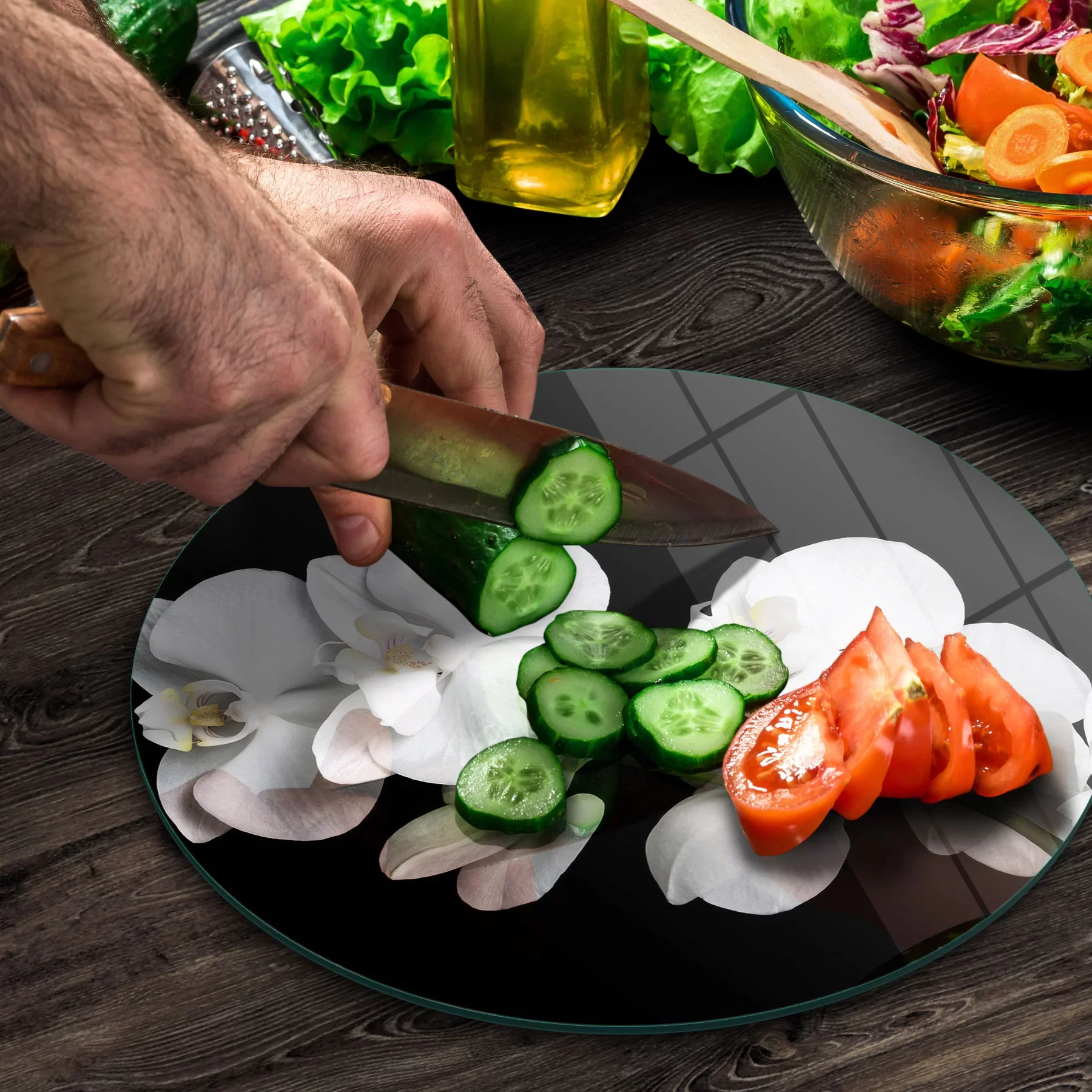 Picture of Decovetro Cam Kesme Tahtası ve Sunumluk Yuvarlak Orkide Desenli 30x30 Cm