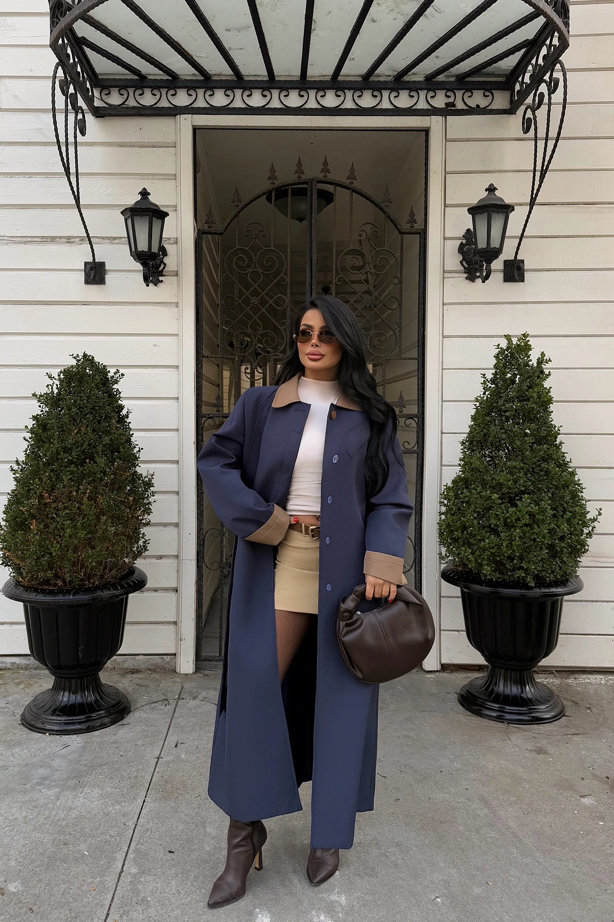 Picture of Navy Blue Shirt Collar Long Trench Coat