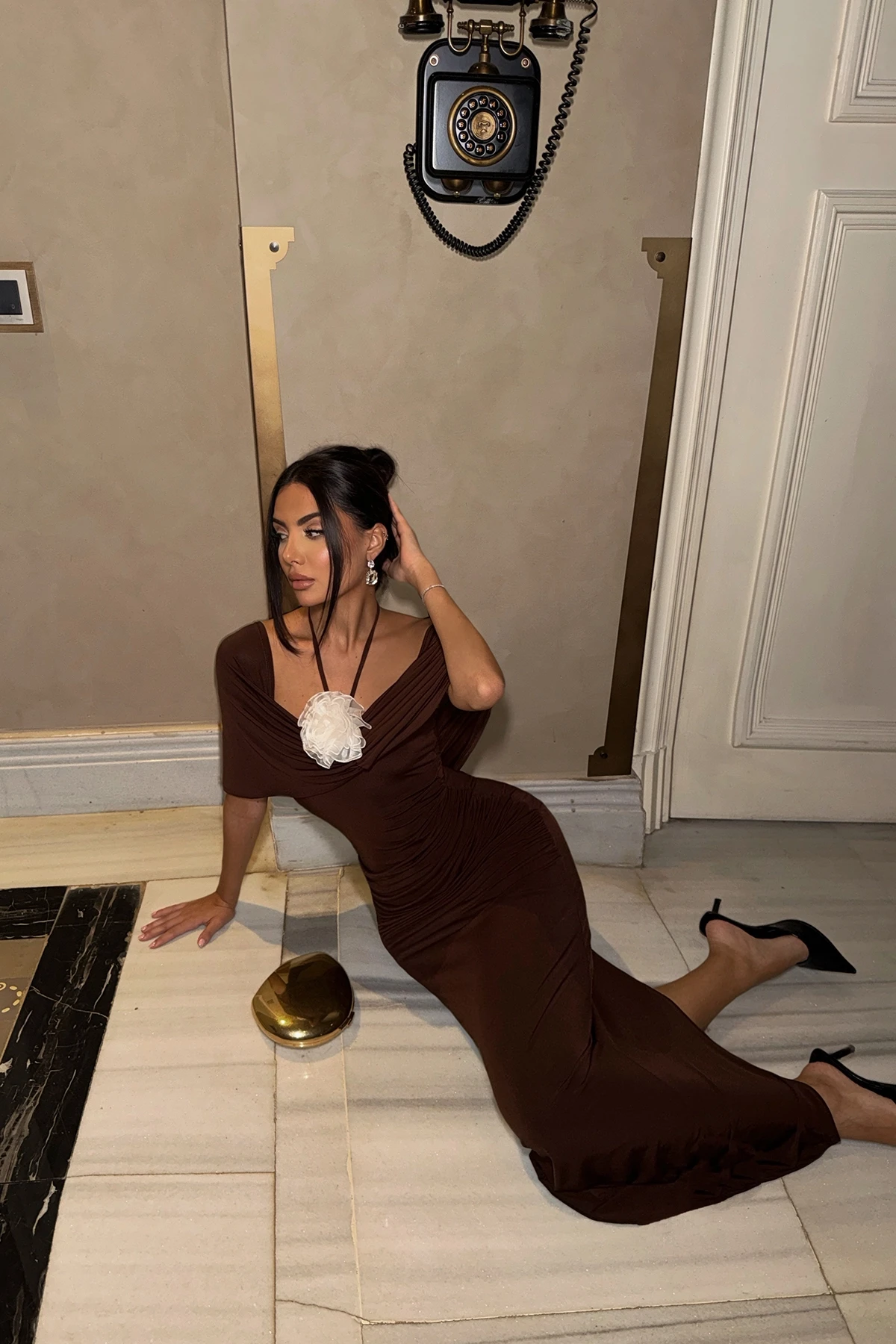 Picture of Brown Rose Detailed Skirt Suit