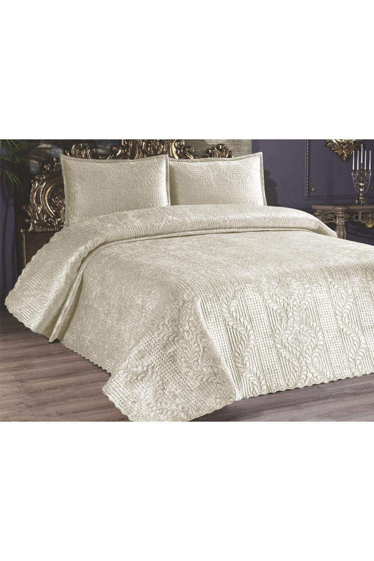 Picture of Velica Çift Kişilik Kadife Yatak Örtüsü Krem