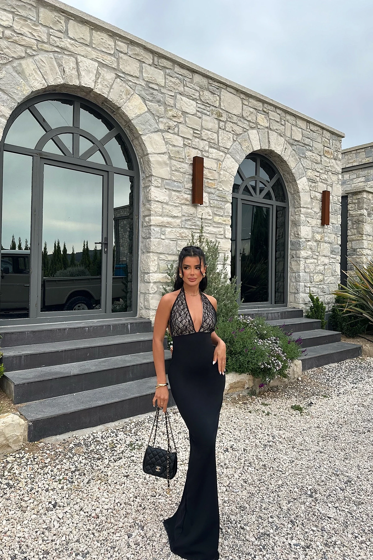 Picture of Black Perri Lace Detail Long Back Slit Dress