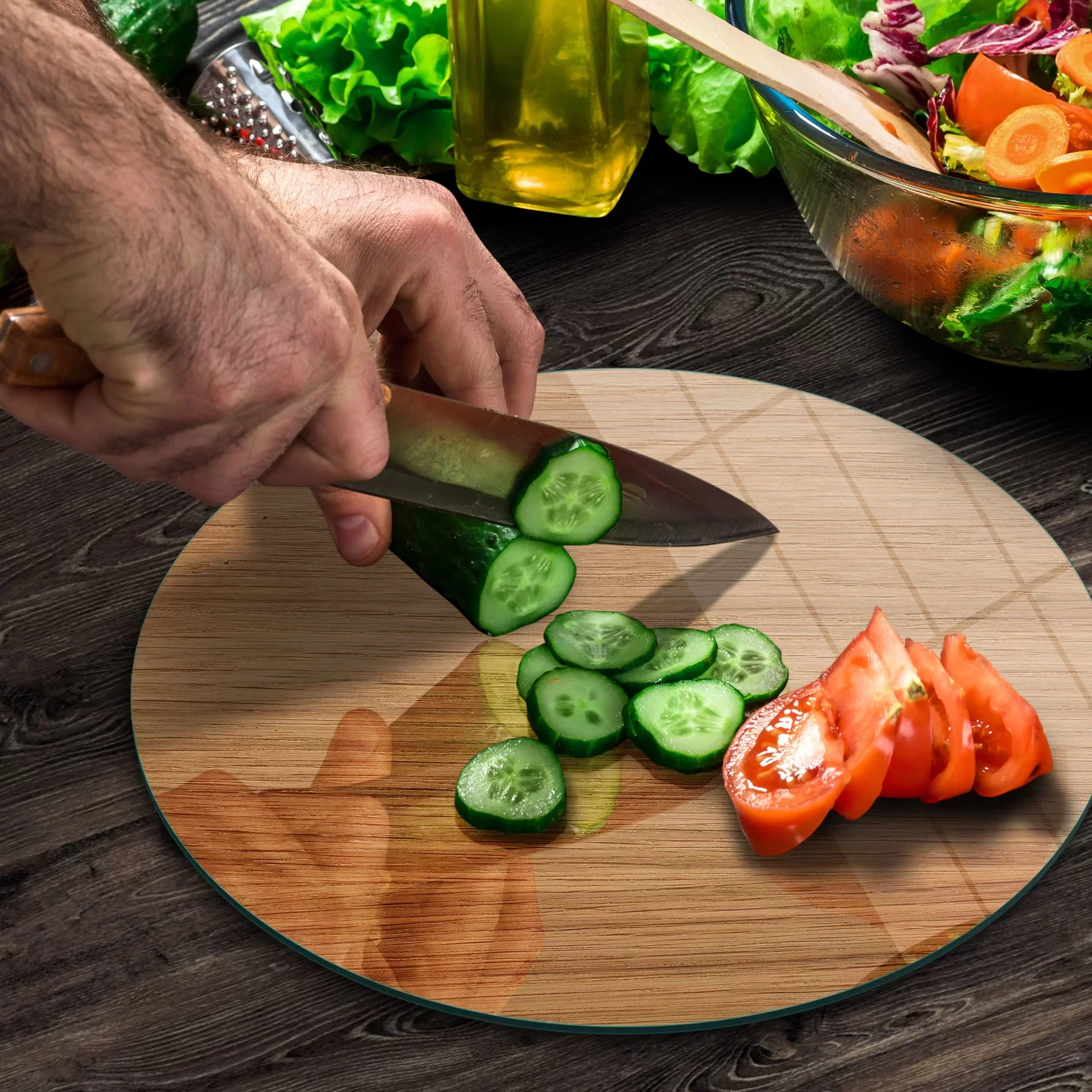 Picture of Decovetro Cam Kesme Tahtası ve Sunumluk Yuvarlak Ahşap Meşe Desenli 30x30 Cm