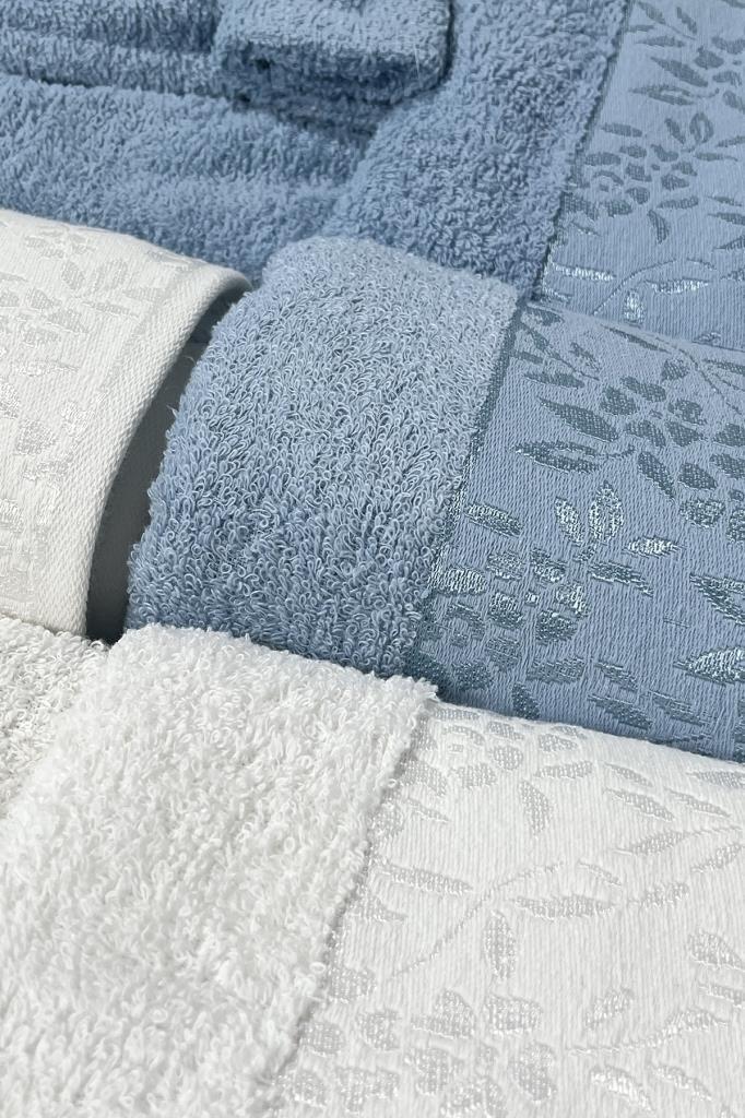 Picture of Platin Jakarlı 10 Parça Aile Bornoz Takımı Krem Mavi