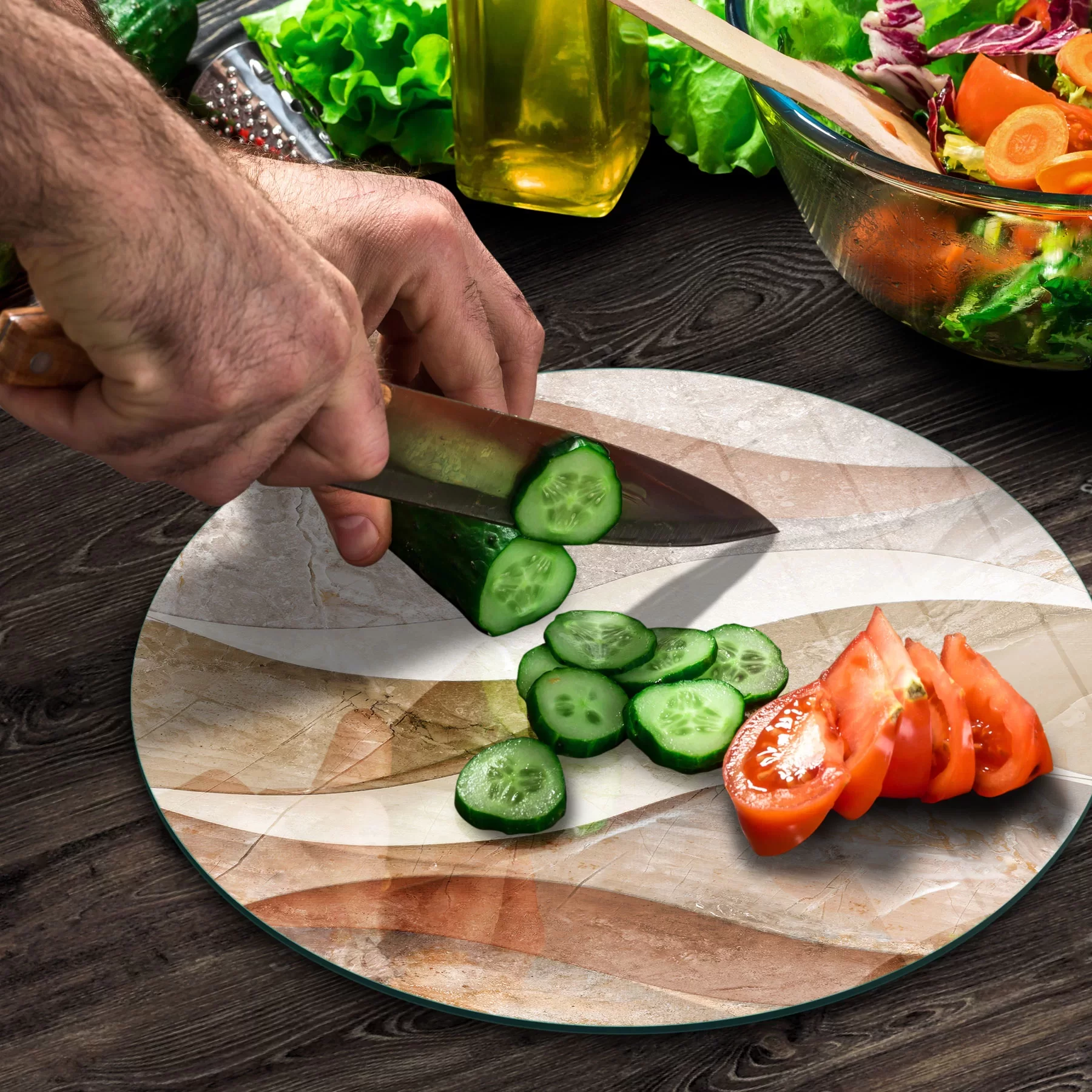 Picture of Decovetro Cam Kesme Tahtası ve Sunumluk Yuvarlak Dalgalı Mermer Desenli 30x30 Cm