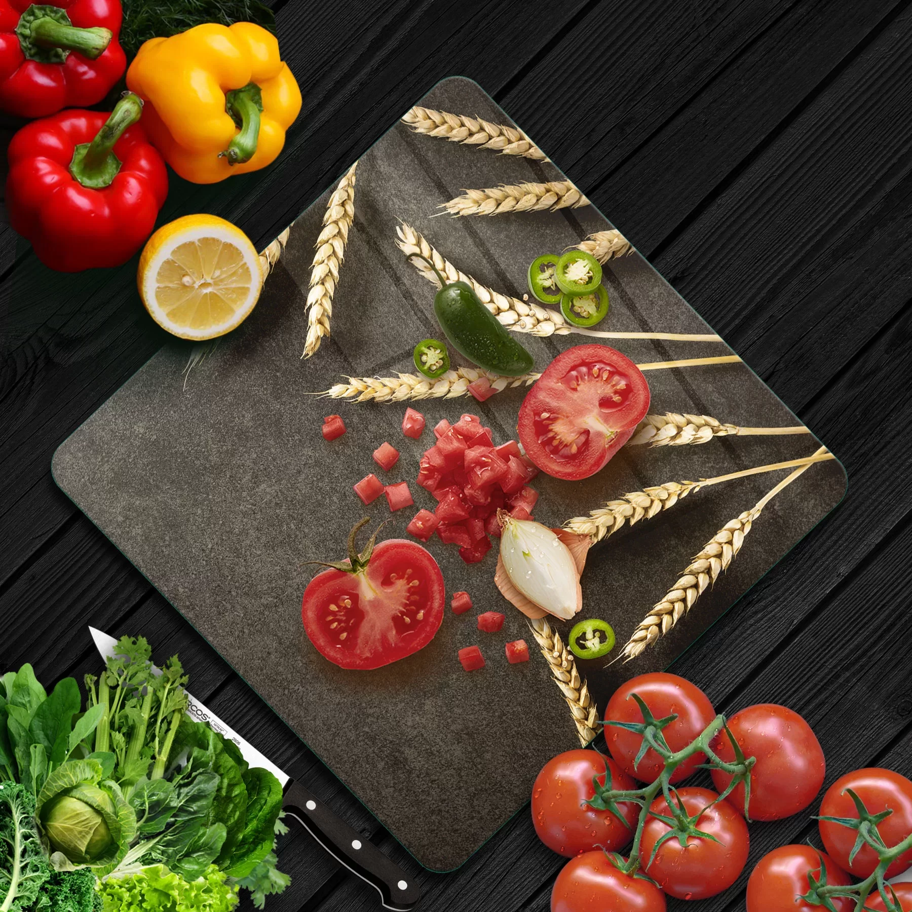 Picture of Decovetro Cam Kesme Tahtası ve Sunumluk Kare Buğday Filizi Desenli 30x30 Cm