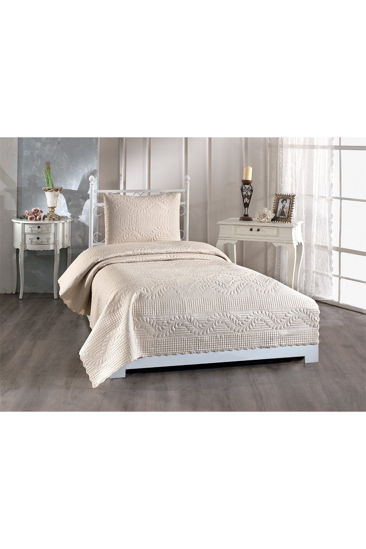 Picture of Ultrasonik Kapitoneli Sena Tek Kişilik Yatak Örtüsü Açık Cappucino