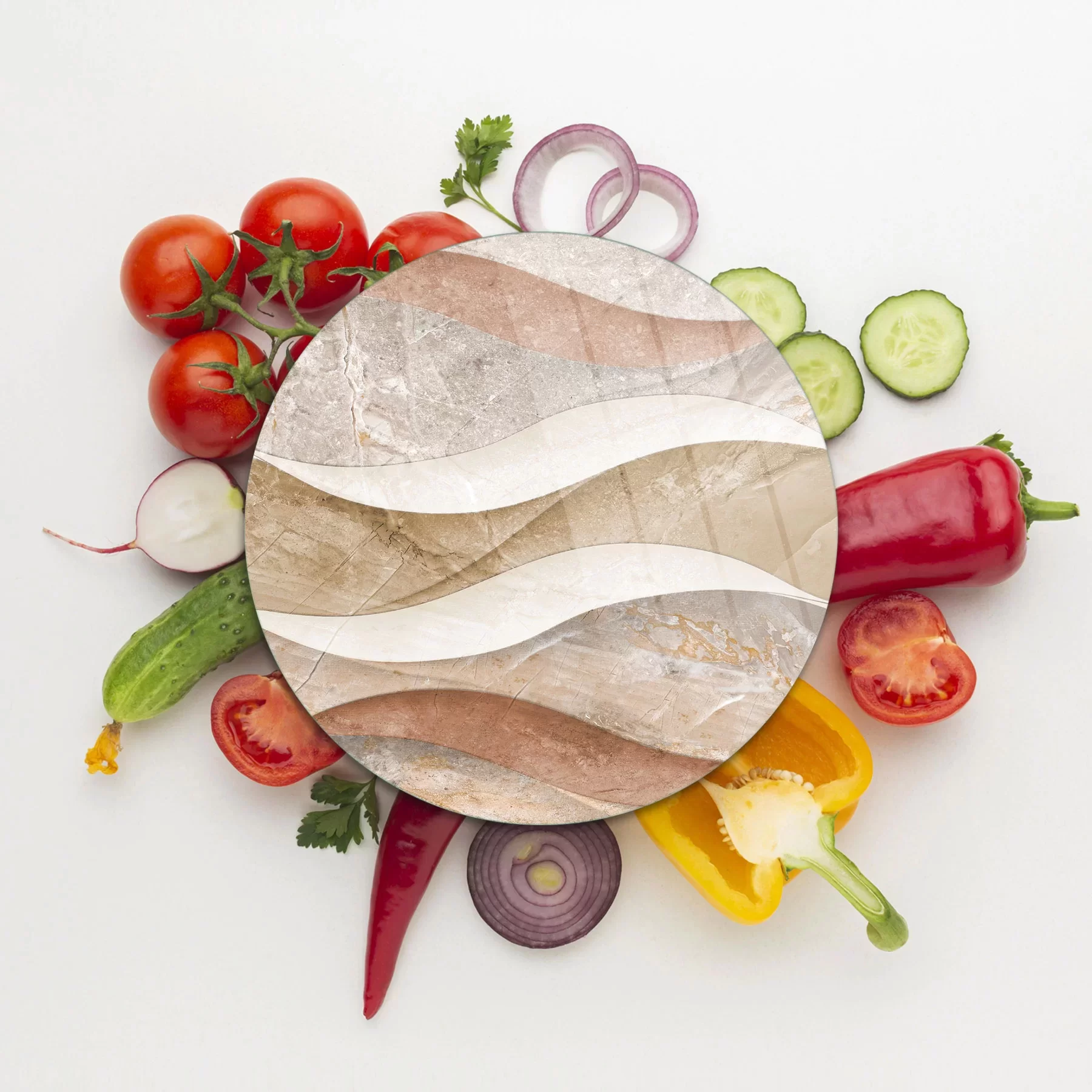 Picture of Decovetro Cam Kesme Tahtası ve Sunumluk Yuvarlak Dalgalı Mermer Desenli 30x30 Cm